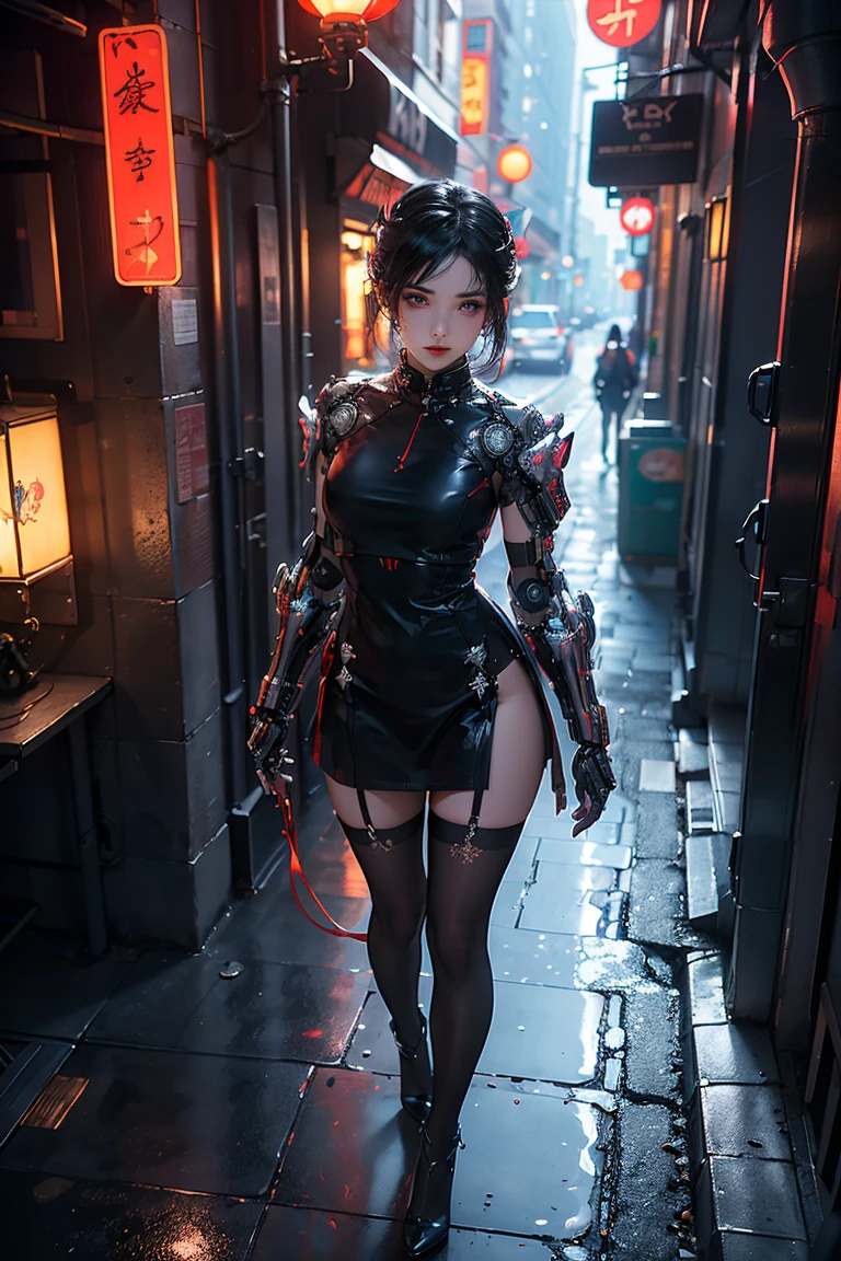 Best quality, A high resolution, 1girll, from above, high heels, standing on your feet, perfect body,with perfect legs, (exteriors),full bodyesbian, cyber punk perssonage, dynamic poses,1 girll, elaborate eyes, brown eyes, eye shadows, putting makeup on, long whitr hair, detailed face, detailed eyes, looking at viewer, blusher, putting makeup on, full pouty lips, redlip, (long whitr hair:1.3), (standing on your feet), mechanically static, mechanical summoning, (hair adornments:1.1), red suit school uniform, red school uniform, (black lence stockings, stocking suspenders), citytown, luminescent windings, glowing butterflies, (cyberpunk lights:1.1),neonlight, fully mechanical and futuristic elements,technologies,the street, Skysky, cyber punk perssonage, paper lanterns, neon super resolution, (realism:1.3), (slim:1.2), dramatic lights, vibrant detail, Luxurious cyberpunk,the complex background,rendering by octane,