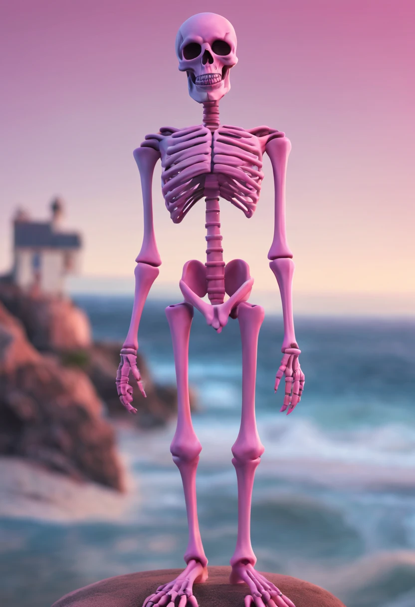 full body a cartoon skeleton standing in front of a sea background, by Trevor Brown,
Zbrush central contest winner, beautiful pink little alien skeleton, hyperrealism,
sugar skull, 3d still designs, realism by Beeple, with a large head and big eyes,
toy art by Alex Yanes, super detailed and realistic, 16k