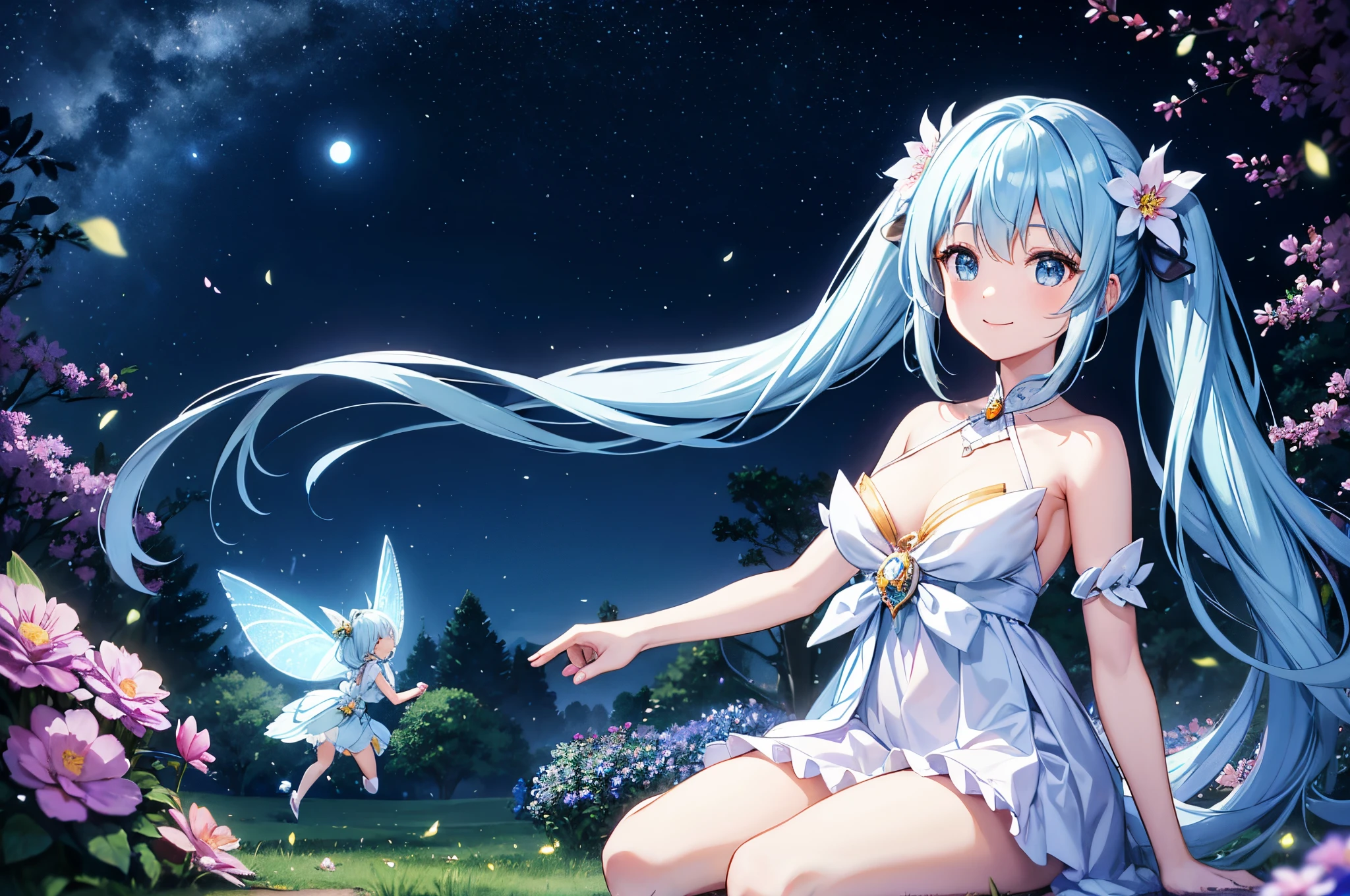 Dynamic Angle、 within a magical forest, a mystical fairy girl emerges, Light blue long hair、Hairstyle is Twintails、adorable smiling、Moonlight twinkle, flower bloom、A big pure white owl is watching over you、Sparkling fireflies dancing, Many beautiful flowers are blooming、fantastic landscape、A sky full of stars twinkles、 Creating a field where dreams and reality intersect,