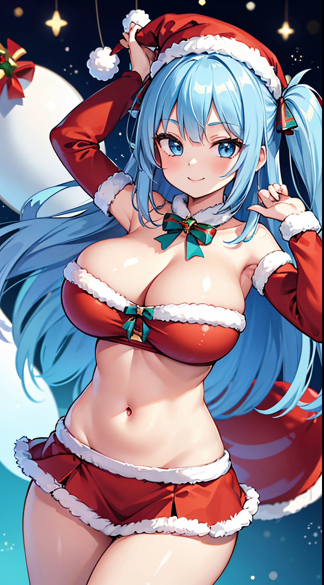 1 girl, game cg, Santa suit, shoulders visible, cleavage visible, belly button visible, Santa hat, gigantic breasts, light blue hair, middle hair, two side up, blue eyes,Christmas background, dynamic, smile,