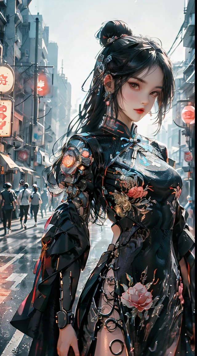 (Master Works :1.5), (Best picture quality :1.5), (Very Fine Detail, 8K, Wallpaper :1.3), Very Fine Detail, High contrast, Complex Detail, physics-based rendering, Best Composition, Whole body, Cyberpunk character Style, Dynamic Styling, 1 girl, Fine brown eyes, Eyeshadow, Makeup, long black hair, Detailed big eyes, looking at the audience, blush, full small lips, red lips, long hair :1.3, upper body, (standing), (Hair accessories :1.1), headwear, Chinese cheongsam, Cyberstyle Cheongsam, blue and pink cheongsam, (Cyberpunk Light :1.1), neon, all mechanical and futuristic elements, technology, the background is a traditional Chinese street, This street with no people, on the street with no people, paper lanterns, neon, Ultra high resolution, (Slim:1.2), dramatic lighting, vibrant detail, Deluxe Cyberpunk, Complex background, octane render, 8k, best quality, masterpieces, illustrations, extremely delicate and beautiful, Very detailed, CG, wallpaper, (realistic, realistic :1.37), Amazing, fine detail, masterpiece, best quality, official art, (Natta :1.5) cowboy shot