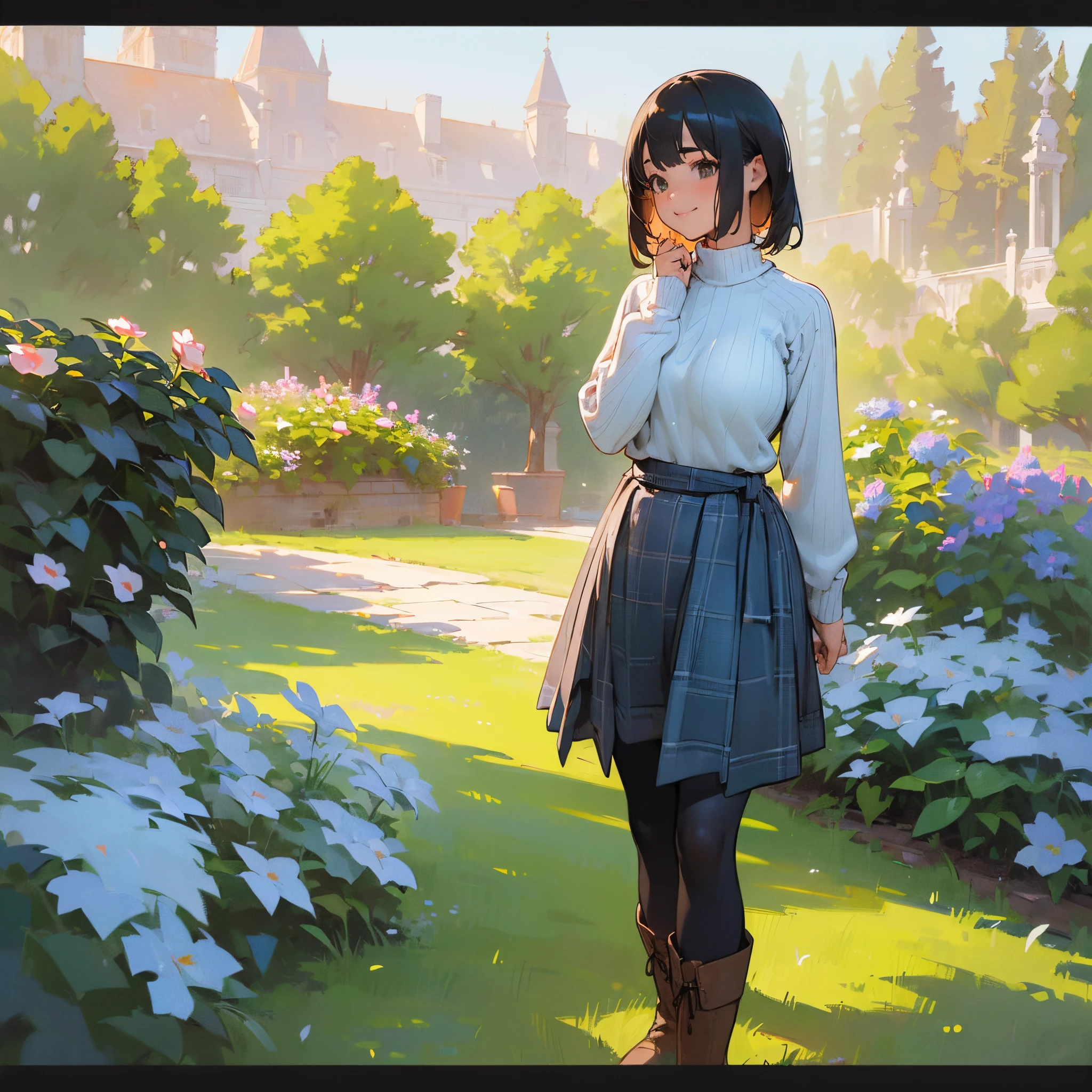 (High quality, High resolution, Ultra-detailed, Realistic:1.37), peaceful ambiance, (plein air, garden), Teenage girl standing alone, (My breasts are big.), Beautiful detailed features, Cute smile, (Black bob hair), Ribbed sweater, blue plaid skirt, Black tights, Brown boots.