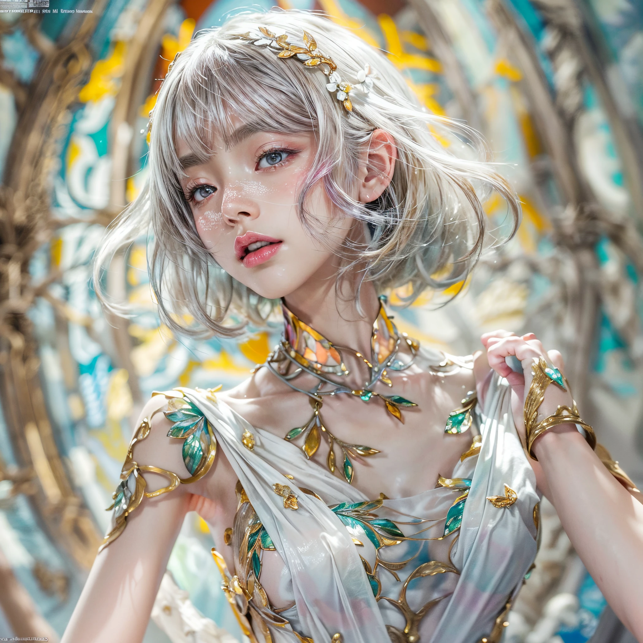 ( Masterpiece, White and vivid colors, (Exposed:1.2), (nipple:-0.9)(Acutance:0.9)), (((Renbutsu Misako|Misako Renbustu))), ((face variations)), { Navel | pretty Ass }, portrayed in the best quality and high resolution. The image should be ultra-detailed, realistic, and photorealistic with a touch of rawness. concept art. The color tone should be vibrant and vivid, enhancing the overall visual impact. (Whole Body proportions and all limbs are anatomically accurate), (Vivid Colorful light shines through the delicate stained glass). delicate limbs, Detail of sparkling oiled ivory skin, (short Bob, delicate wear), Whole Body proportions and all limbs are anatomically accurate .
