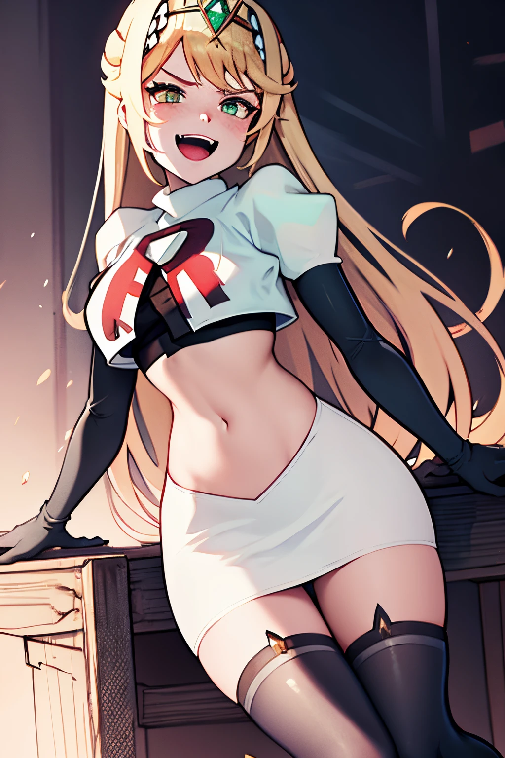 mythra,team rocket,team rocket uniform, red letter R, white skirt,white crop top,black thigh-highs,black elbow gloves, evil laugh