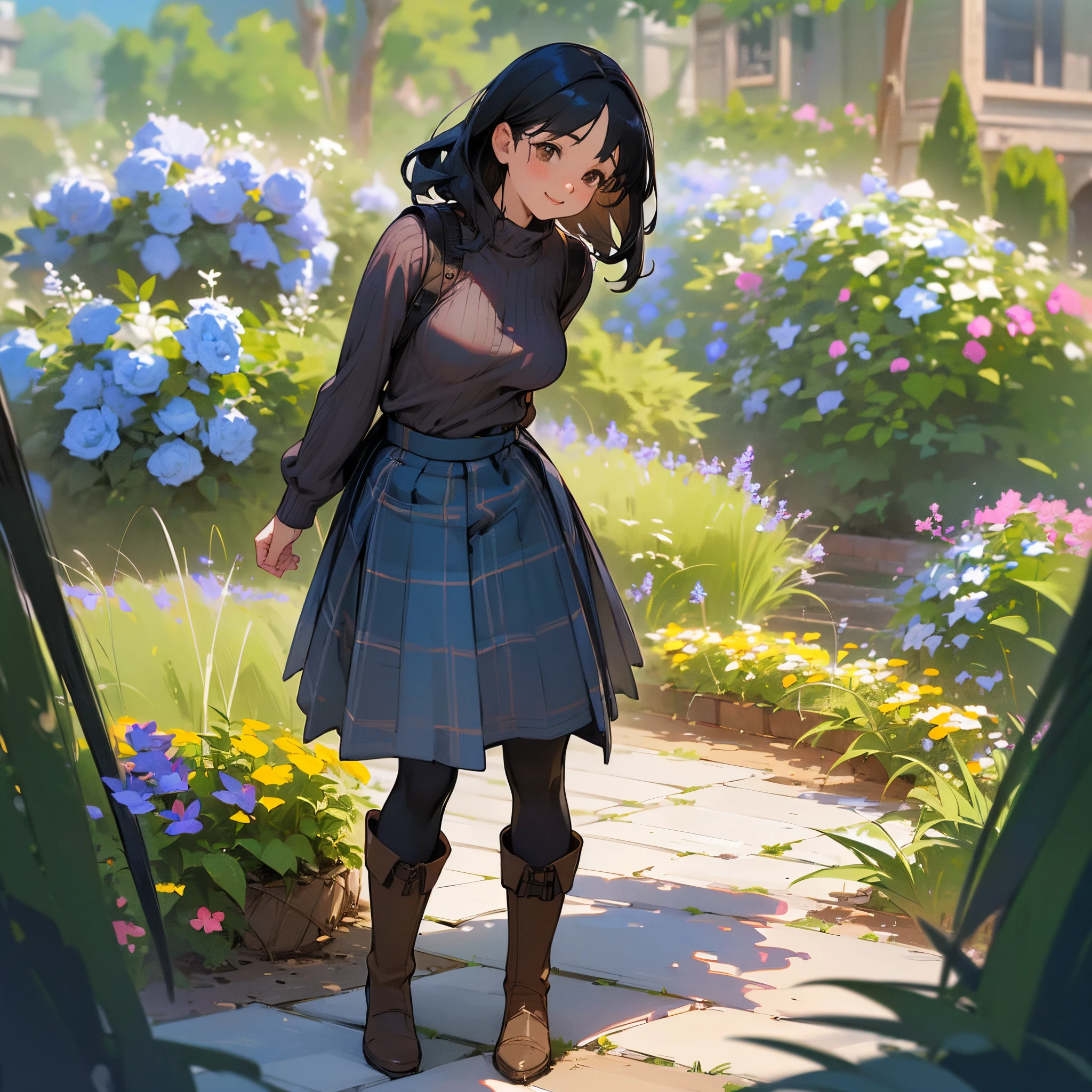 (High quality, High resolution, Ultra-detailed, Realistic:1.37), peaceful ambiance, (plein air, garden), girl standing alone, (My breasts are big.), Beautiful detailed features, Cute smile, (Black bob hair), Ribbed sweater, blue plaid skirt, Black tights, Brown boots.