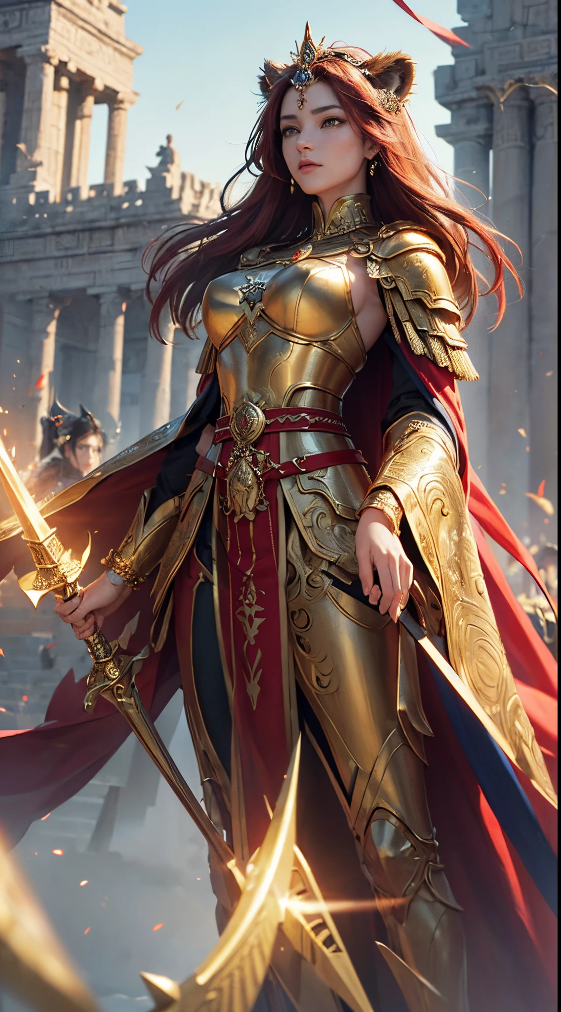 ((masterpiece)))、(((top-quality)))、((ultra-detailliert))、(A hyper-realistic)、(highly detailed CGillustration)、Official art、Lion motif、Gold and red tones、Fantasia、Ancient mythology、Ancient Mesopotamia、Mystical、solemnity、An majestic、Best Quality, master piece、eventide、battle field、Ishtar, Goddess of War、guardian of babylon、Increase your fighting spirit、Great Queen and Invincible General、Awe-inspiring Hall々、Brave、glory of babylon、Honor of Babylon、Veteran Hero、Slender eyes、matchless beauty、Rin々Right、Guardians of Lions、refinement、noble、Proud、Wearing noble jewelry、Equip your weapons、The appearance is luxurious and golden armor、Cloak wrapped in the wind、Tall and lean、fiery red long hair、Perfect Angle、perfect-composition、low angles
