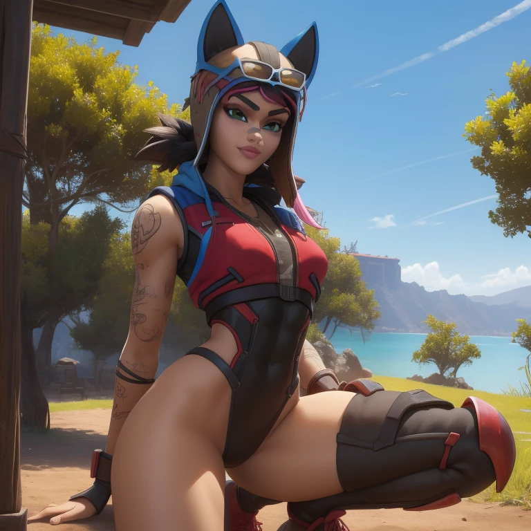 tiro de cowboy, renegada_lince, sinal de paz, cabelos longos, body com nervuras, roupas escritas, sorriso arrogante, flores de cerejeira no fundo, luz solar, melhor qualidade, Renegade lynx fire style clothes, Mulher bonita, rosto  perfeito, Estilo, 20 anos Realistic, cara bonito,  olhos verdes detalhes intrincados, profundidade de campo), (1girl, sozinho), compor, separated-lips, altamente detalhado, rosto perfeito, voluptuoso, girl athletic body, muscula,  cabelo marrom, , brilhante, Athletic girl, muscula, , ( enormes:1.4), (dentadura da pele), coxas grossas, quadris largos, cintura pequena, alto, glossy coral lips, , olhos vermelhos, rabo-de-cavalo,muscula,  Pov,, Olhando para o Viewer, suar, Sorriso, sedutor, fofo