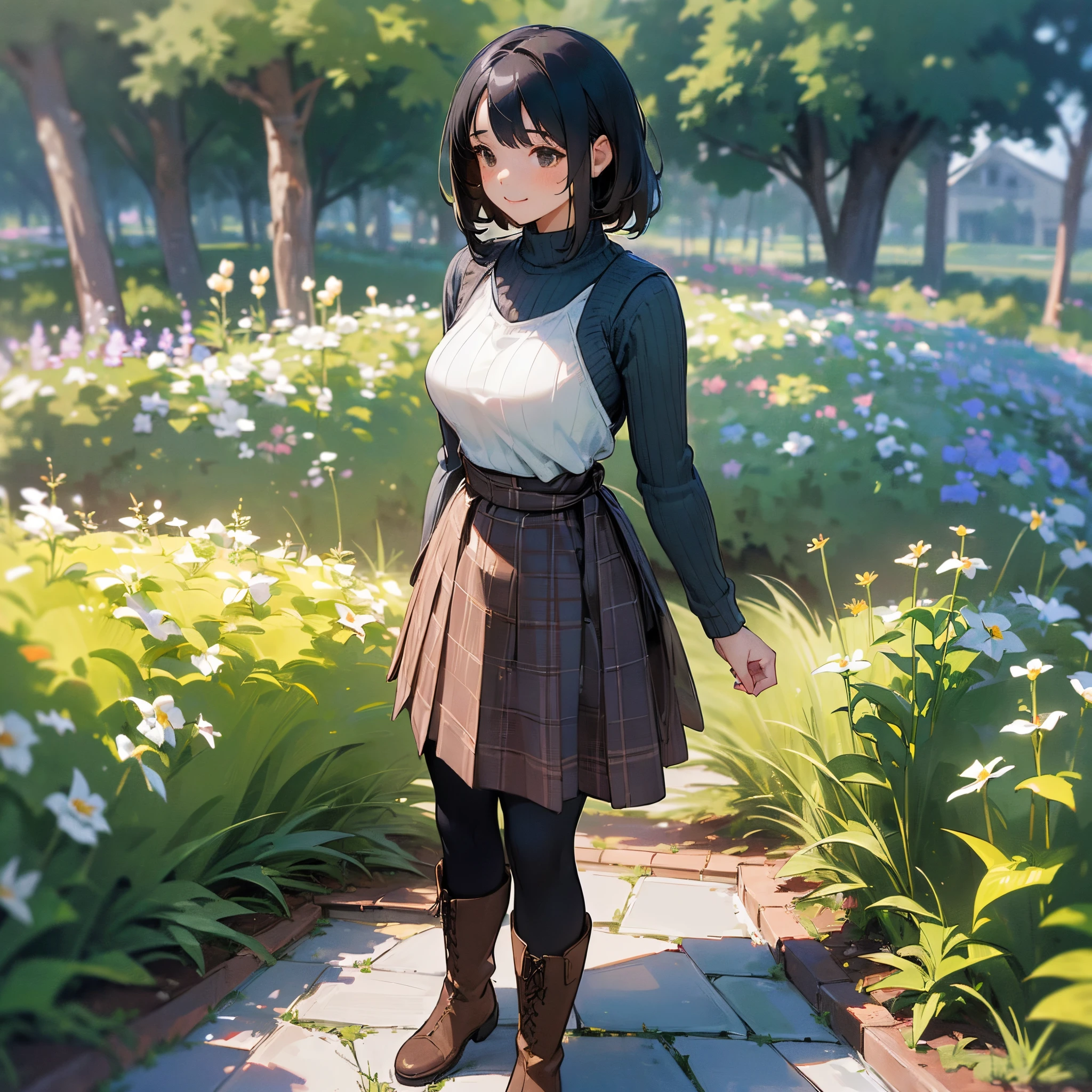 (High quality, High resolution, Ultra-detailed, Realistic:1.37), peaceful ambiance, (plein air, garden), Teenage girl standing alone, (My breasts are big.), Beautiful detailed features, Cute smile, (Black bob hair), Ribbed sweater, blue plaid skirt, Black tights, Brown boots.