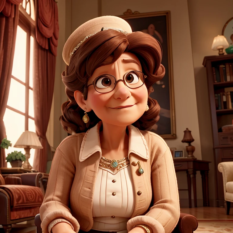 a fancy grandmother sitting on the sofa in the living room, alight brown hair