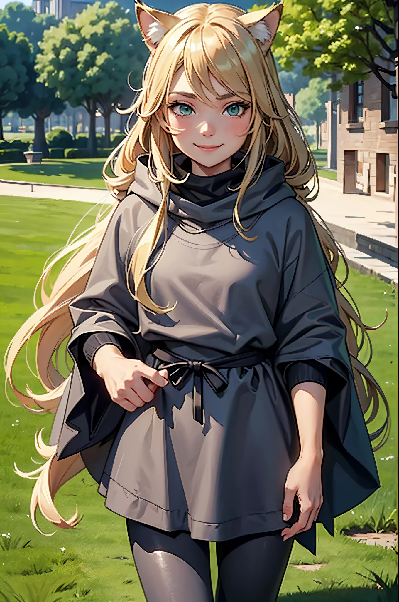 14 years old, girl, long blonde hair, flowing blonde hair, cat ears, green eyes, oversized grey poncho, leggings, smiling sweetly, masterpiece, high quality, standing in a parc in town.