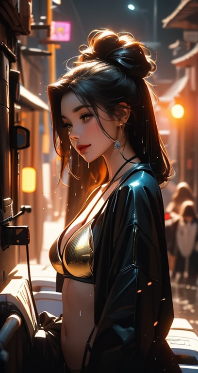 Cyberpunk Night time street, Astronaut neon lights glowing bikini (breast), with a group of soldiers behind her, beautiful sci-fi art, big smile, waiting for a kiss, turning and looking at the camera, space warrior, sunrise over solar punk city, stoner rock, mars invasion, epic album art cover, sexy movie photo, cinemascope panorama, high stylized and 1940’s poster, cosmic style, 8k cinematic, golden ratio, cosmic mayhem, light particles, wet look, golden hour, realistic, masterpiece, highest quality, lens flare, shade, bloom, [[chromatic aberration]]