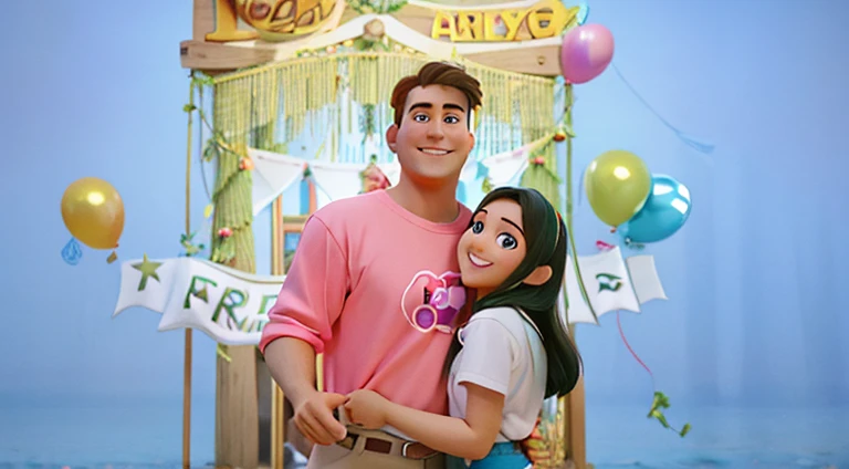 Disney pixar couple in the back there is a banner and balloons. The guy shirt is color pink and had a camera design. The girl shirt is white and had long hair. They are both hugging and smiling. 3d image