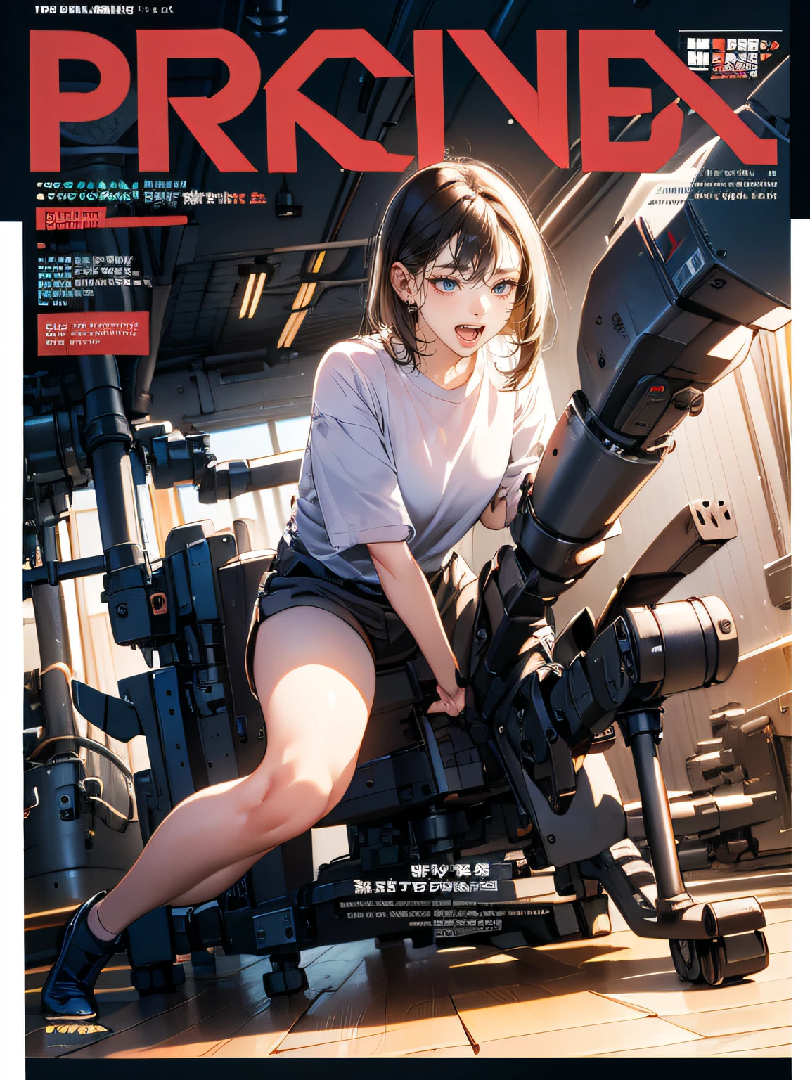 (((magazine's cover))), (large title), (many heading), (white border), (whole body), straddling to hit her crotch on exposed pipe, open legs, raise leg, open mouth, masturbation, (close up ecstasy face), in the factory, machines, ceiling, floor, aerial angle