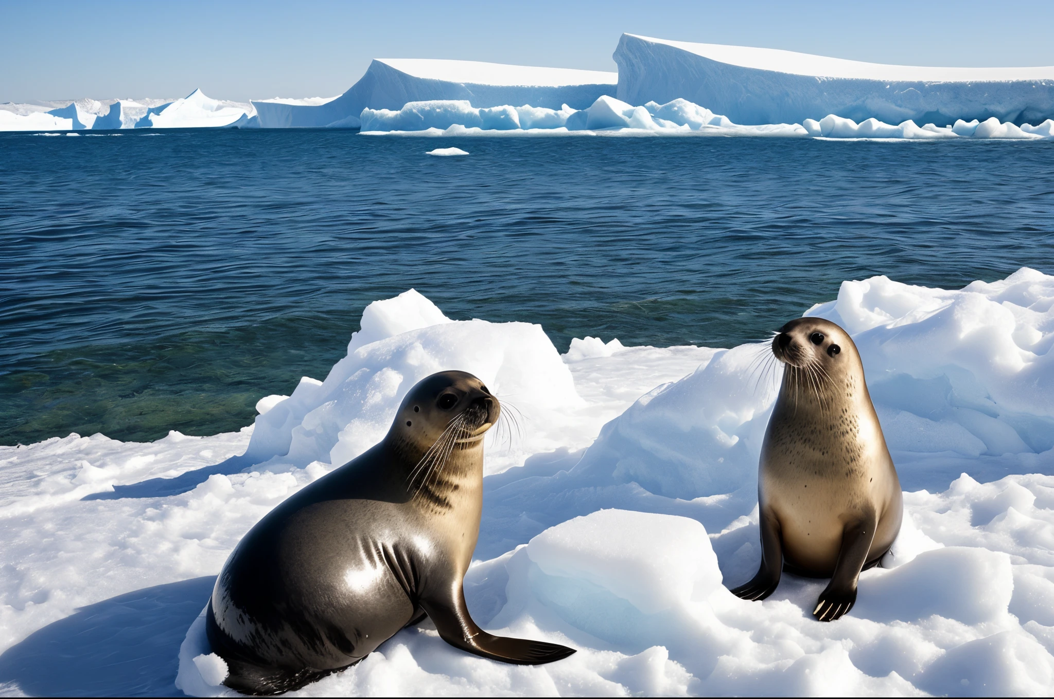A seal on top of an iceberg, its surrounded by snow crabs, the seal is scared