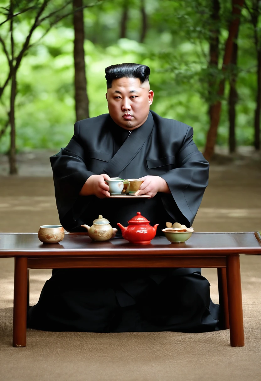 A photo of Kim Jong-un enjoying a traditional Korean tea ceremony,original,Kim Jong-un, the North Korean leader, is known for his distinctive appearance: a round face, a distinctive haircut with shaved sides and longer hair on top, and a stocky build. He is often seen in public wearing suits or military-style attire, which adds to his authoritative image. , male