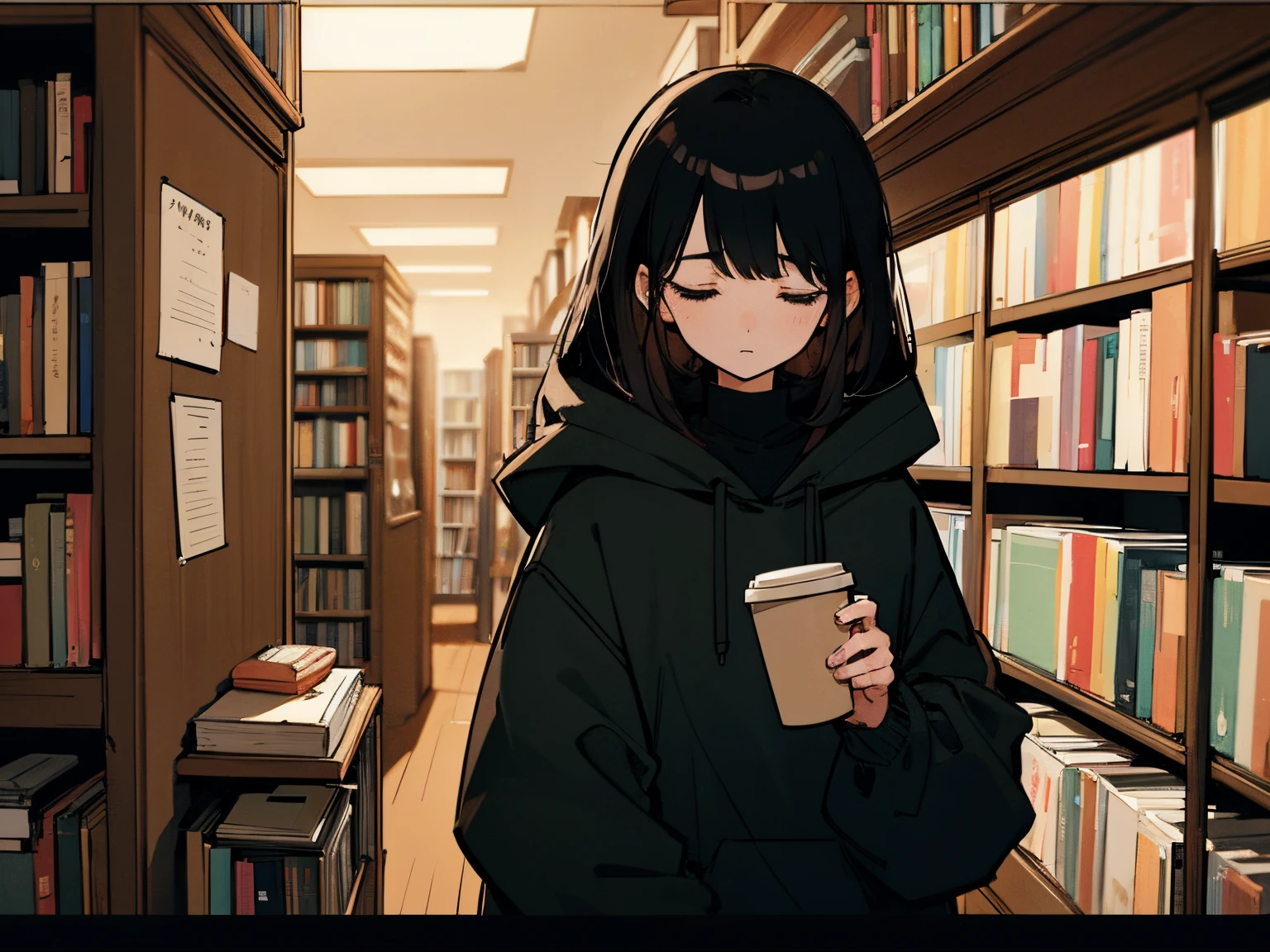 20 year old dark-haired woman, Clothes that look warm、Calm、Gentle light、black backgrounds、Coffee、head shot、Lo-Fi Illustration、a relaxing sight、Woman in hoodie、looks sleepy、bookshops