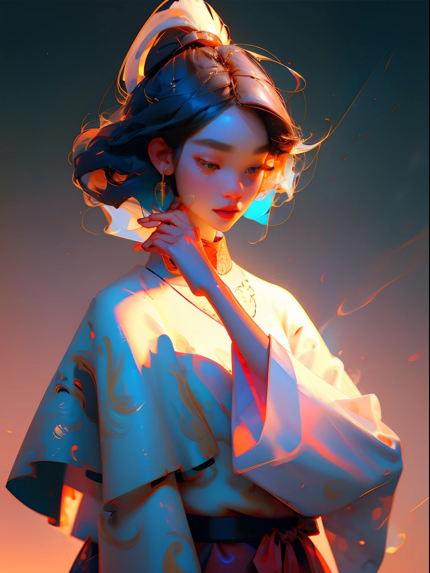 a asian girl wearing korean traditional clothes, (sweep hair her hand: 1.35), abstract, fashion model, fashin show, elegant and luxury style, gold accessories, fashion photography, (upper body: 1.2), oil paintings, ultra-high detailed, 8k, colorful background, fog, mist, long exposure, lens flare