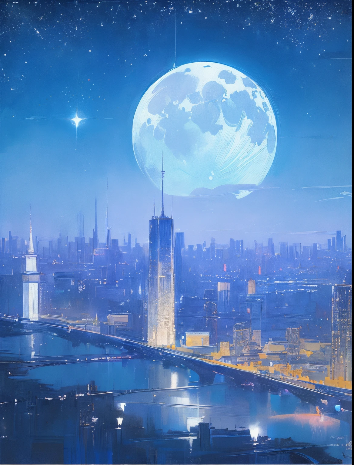 the met、Painting of a river with stars and moon in the sky、the met、Skyscrapers、Concept art inspired by Mitsuoki Tosa、top-quality、Bright moon、Moonlit star environment、Dream painting、Anime Background Art、Fantastic art、Detail Enhancement
