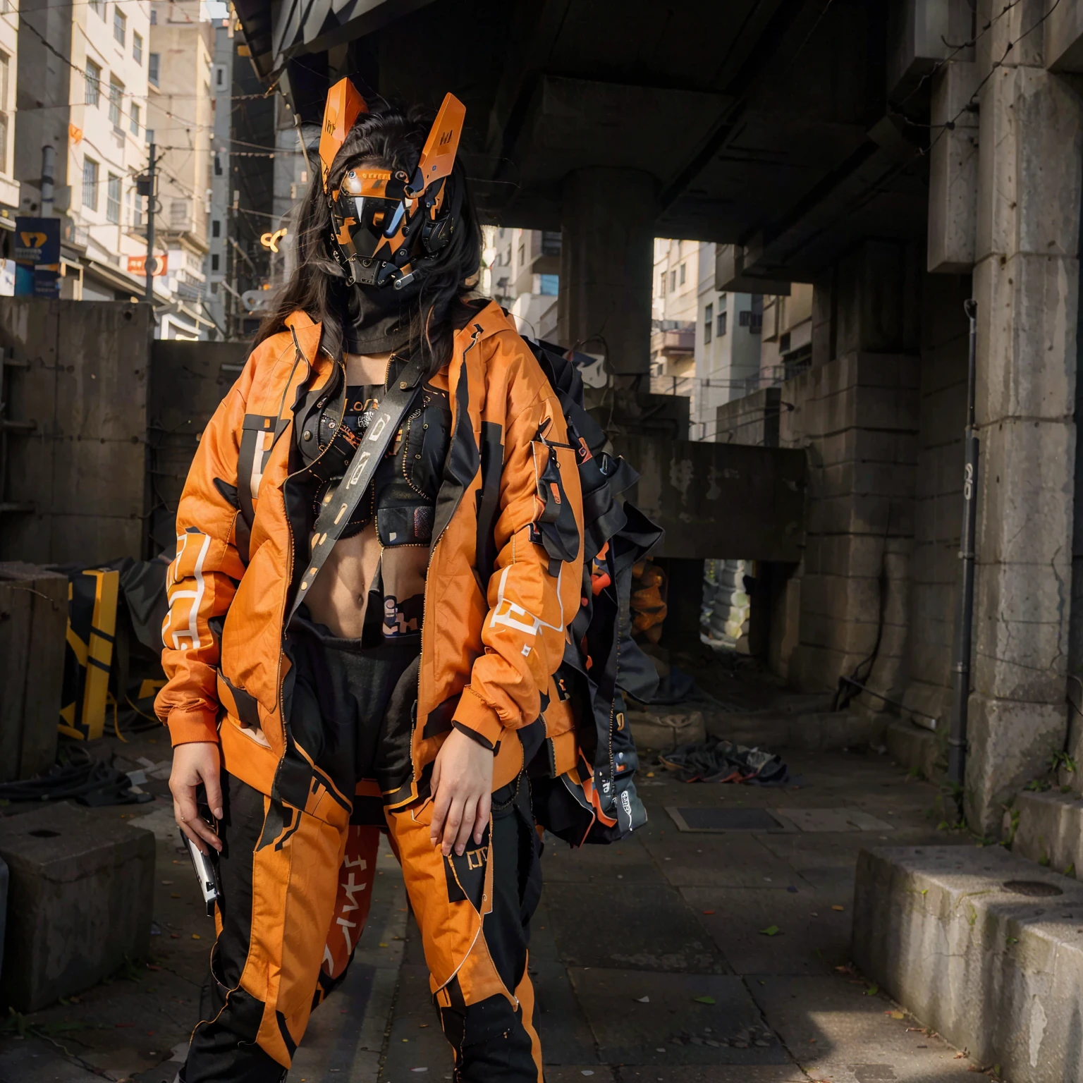 (original: 1.2), masterpiece, best quality, a woman with a fantastic cyberhelmet, wearing a orange techwear jacket, cool pose, long legs, on the street