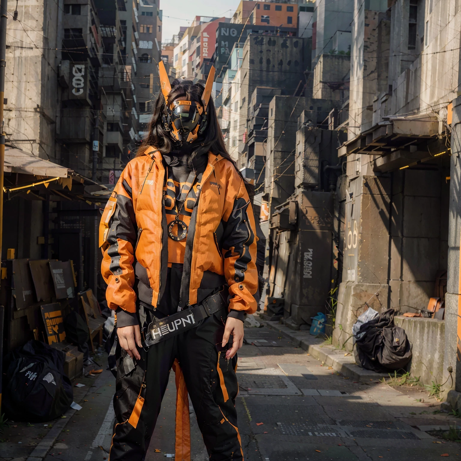 (original: 1.2), masterpiece, best quality, a woman with a fantastic cyberhelmet, wearing a orange techwear jacket, cool pose, long legs, on the street