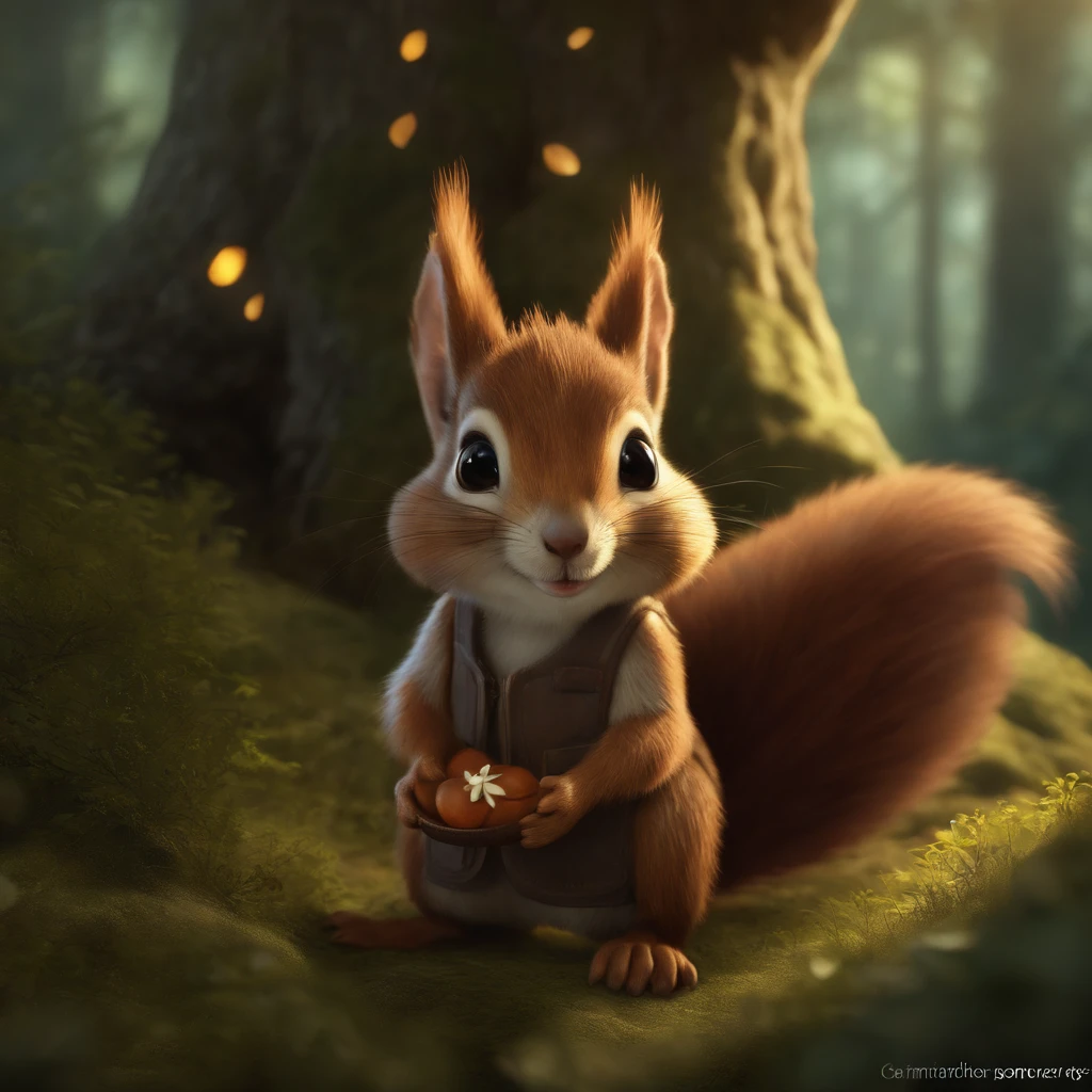 (CBZBB:1.25),gremlin, fantasy style, in style of dark fantasy art, fairy tale style hobbit style, in the style of John Tolkien, Looks like creatures in clothes, ,gremlin looks like a squirrel((Squirrel)), huge ears with tassels, cute nose, Big fluffy tail, five toes, wearing a vest with a hood,  wearing a backpack, detailing, Hobbit-style house in a clearing under an oak tree, Gremlin squirrel holding a large acorn in its paws, CBZBB,Cute, Small, baby, Beautiful, Fantasy art, deviant art, trending artstation, Digital Art, Detailed, Realistic, humanoid, character, tiny, Cinematic shot, cinematic portrait of a fabulous squirrel, cute character, looks like a gremlin, looks like a mole,    ,gremlin, squirrel-like, bright silver and brown, big fluffy tail, Large tasseled ears,cute nose,summer in a vest with a hood, covered with silver fur, holding a large acorn in his paws, water, Burrow, tree roots stick out from the walls in the hole,  mushrooms sticking out of the ground, Best Quality, Masterpiece, in style of dark fantasy art,真实感, Realism, tmasterpiece, Brad Jongsan walks in the jungle (Night of the Fireflies), (higly detailed: 1 1), rough face, natural skin, hiquality, ????, pretty eyes, (Detailed face and eyes), (s face: 1 2), tumult, Complementary, real-photo, .........PSD, Lightweight Film Photography, sharp-focus, contrast lighting, Detail Skin, high resolution 8k, Crazy detailing, Realistic, professional photo of a, 8K UHD, dslr, soft light, hiquality, film grains, Fujifilm XT3, dark fantasy style,
