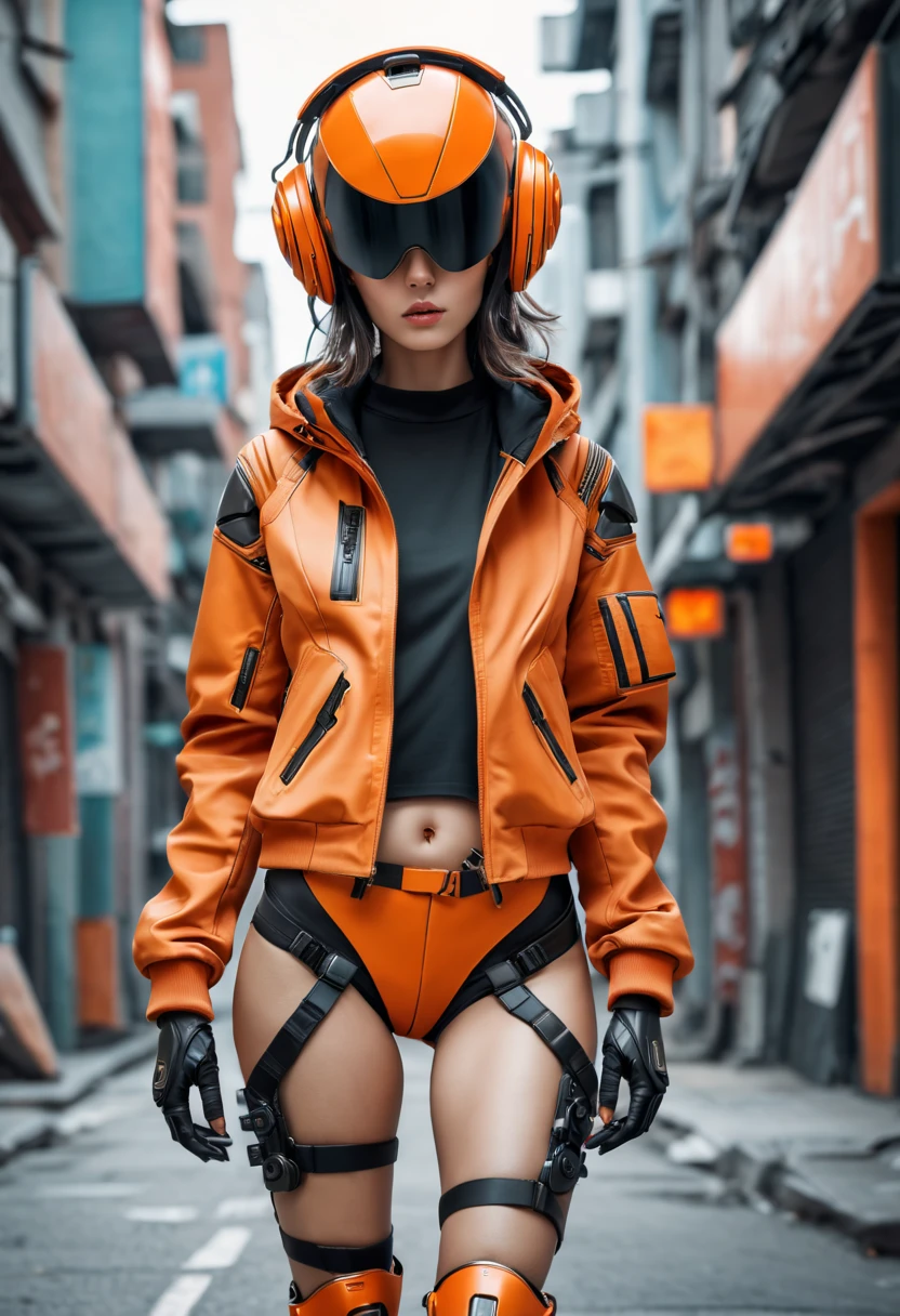 (original: 1.2), masterpiece, best quality, a woman with a fantastic cyberhelmet, wearing a orange techwear jacket, cool pose, long legs, on the street