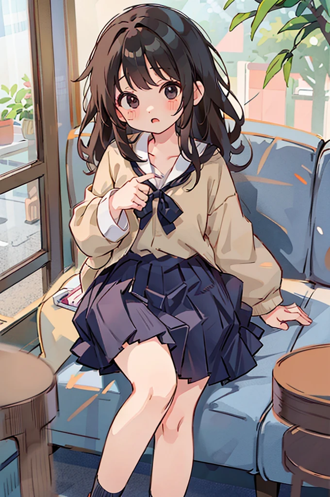 analog hand drawn、Anime Face、Black eyes、one girls、School Uniforms、flat chest:1.5、knees up、sit a chair、open one's legs、Troubled face