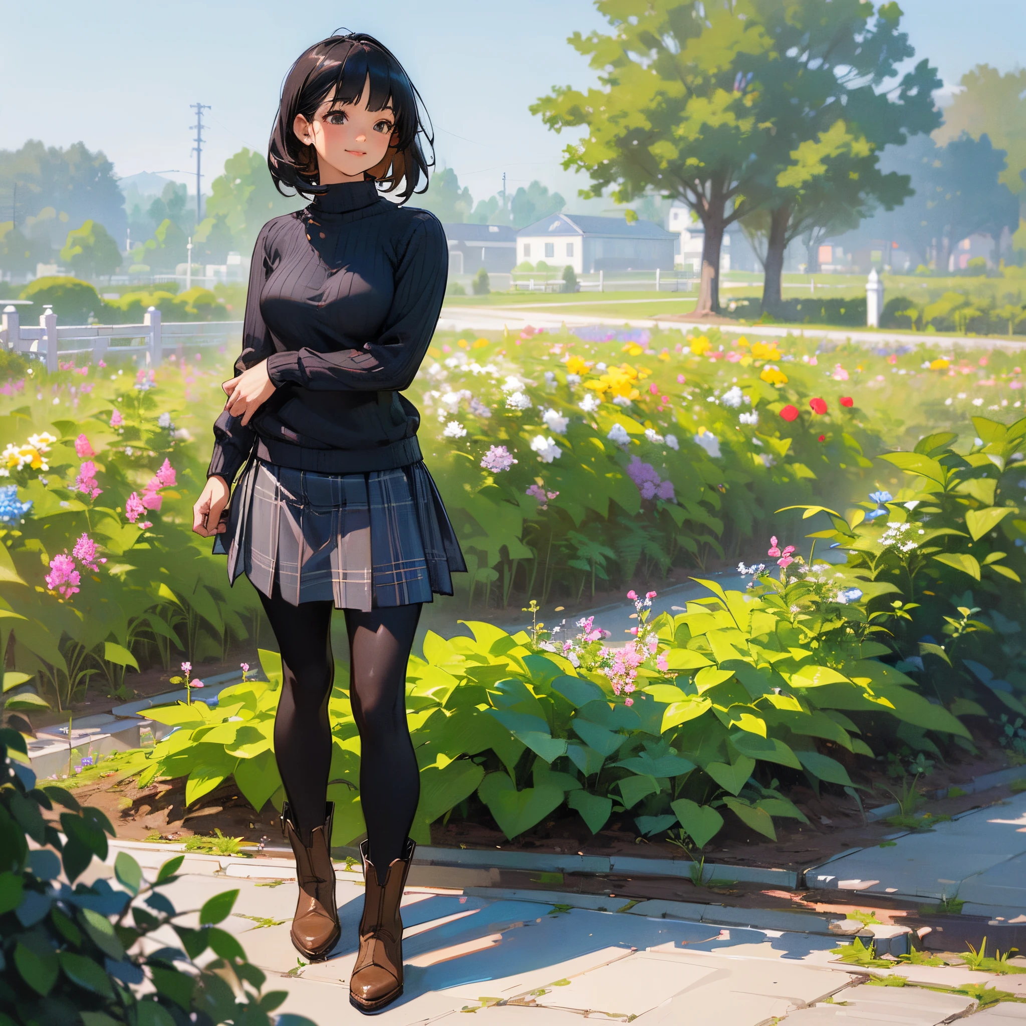 (High quality, High resolution, Ultra-detailed, Realistic:1.37), peaceful ambiance, (plein air, garden),  girl standing alone, (My breasts are big.), Beautiful detailed features, Cute smile, (Black bob hair), Ribbed sweater, blue plaid skirt, Black tights, Brown boots.