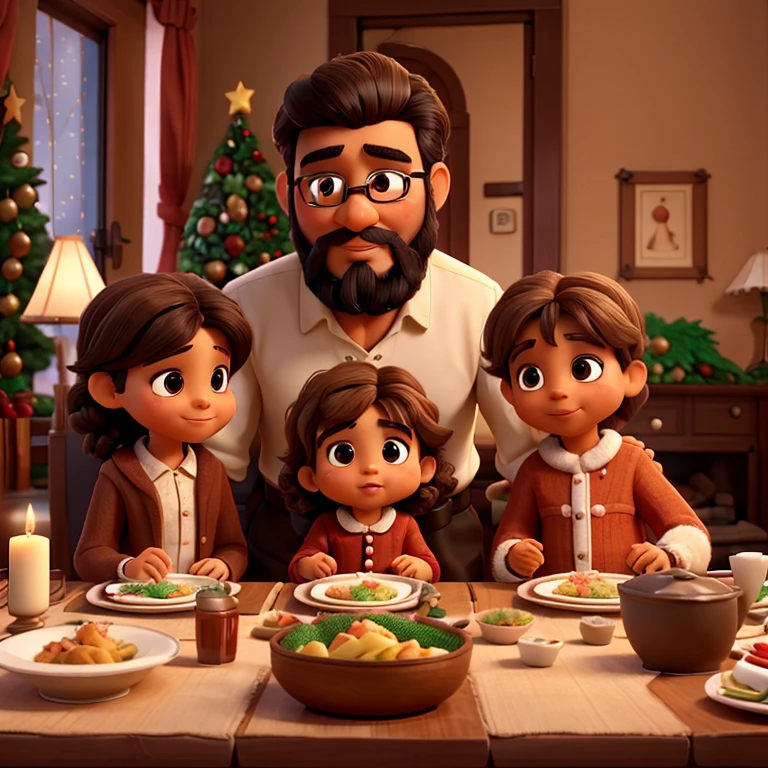 Eating at the Christmas dinner table, a brown-haired mother, a black-haired and black-bearded father, a 6-year-orown-red boy, a light brown-haired fancy grandmother, a 2-year-old littirl,cree