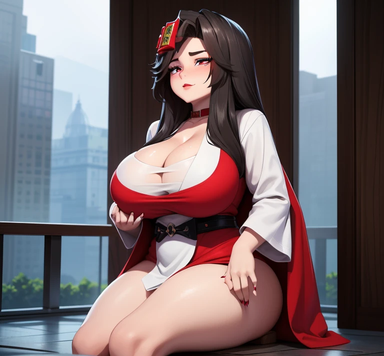 A hot Woman, milf, busty with thick thighs and big boobs, detailed eyes, red eyes, black tear strains, beautiful eyes, long white hair with white nails, red lips, milf body, thicc, soft lightning, several red stains around body and red markings about body, wearing large royal dress robe, puffy robe, white tentacles with red stains, covered in sweat, ghast humanized, female face, award winning, 4k, 8k, high quality, top quality, masterpiece, plump girl, fine beautiful skin, looking at viewer, HD, plump breasts ((Cleavage is so tempting)), angry and calm at the same time, Ur-Ghast from Orespawn