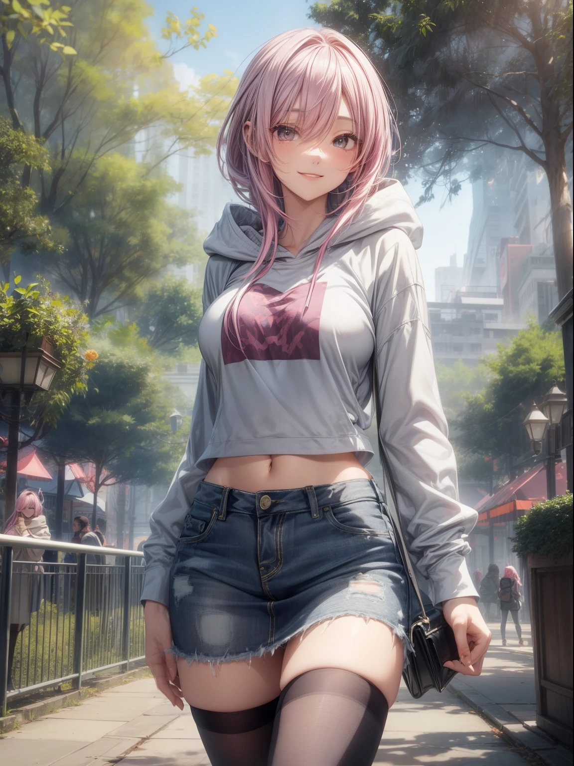top-quality、Full limbs、complete fingers、Slender beauty、Women with straight hair、(woman with pink hair)、Women with medium hair、(Beautiful busty woman:1.3)、gray hair hoodie、Denim miniskirt、Black High Socks、Naughty Poses、a park、A big smile
