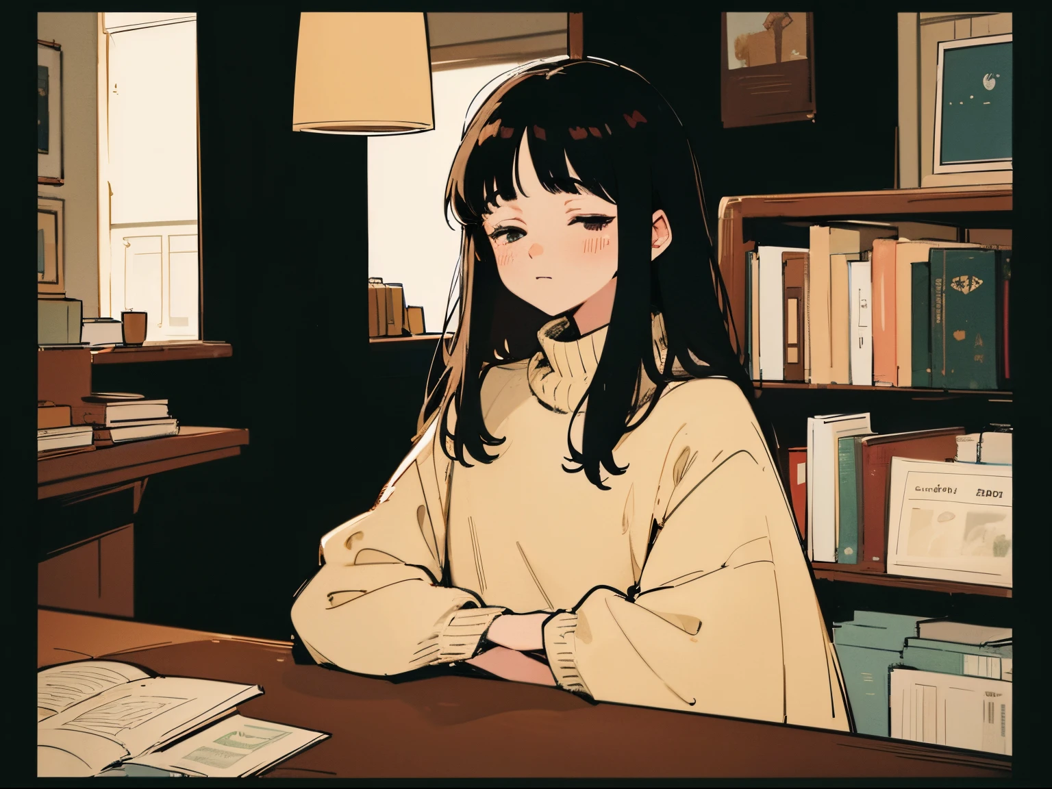 20 year old dark-haired woman, Clothes that look warm、Calm、Gentle light、black backgrounds、Coffee、head shot、Lo-Fi Illustration、a relaxing sight、Woman in sweater、looks sleepy、bookshops