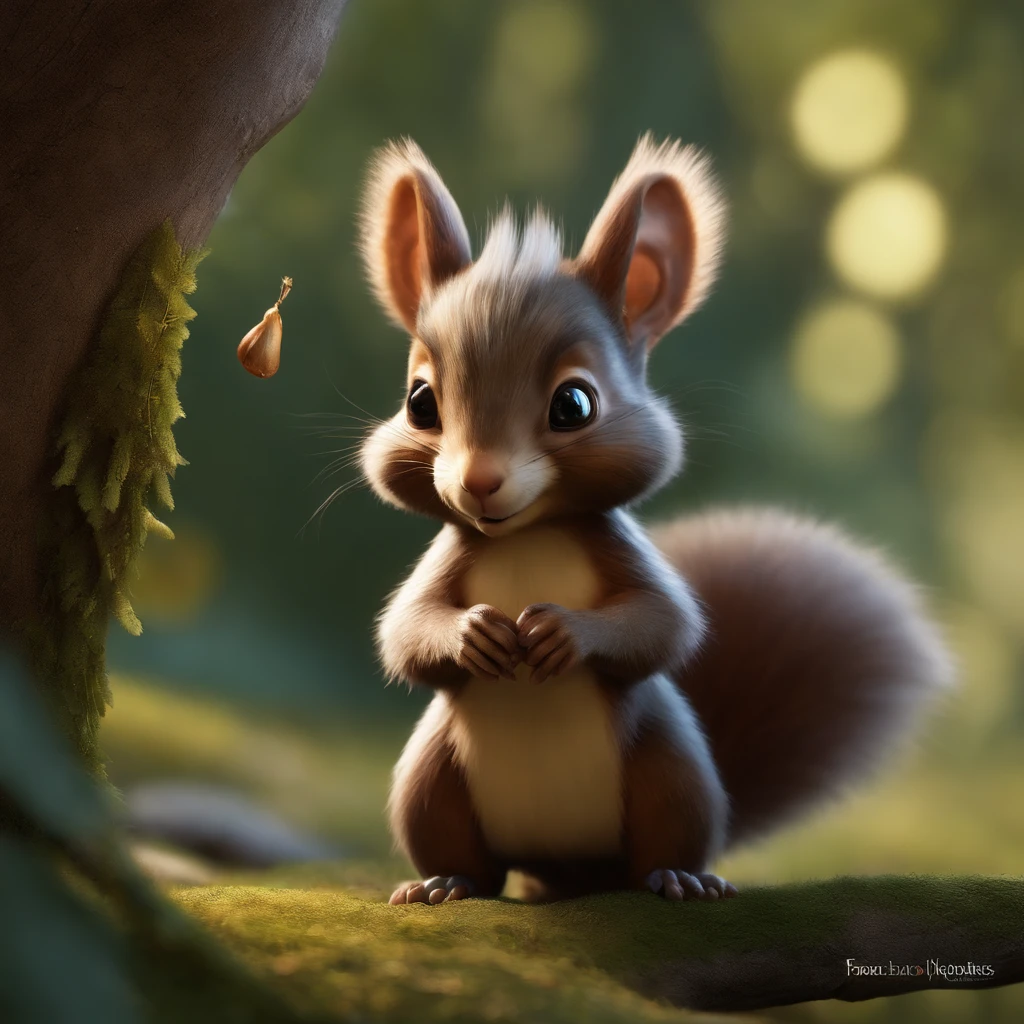 (CBZBB:1.25),gremlin, fantasy style, in style of dark fantasy art, fairy tale style hobbit style, in the style of John Tolkien, Looks like creatures in clothes, ,gremlin looks like a squirrel((Squirrel)), huge ears with tassels, cute nose, Big fluffy tail, five toes,fighting look, Angry, snorts, wearing a vest with a hood, wearing a backpack, detailing, Hobbit-style house in a clearing under an oak tree, Squirrel Gremlin holds a large acorn in his paws, CBZBB,Cute, Small, baby, Beautiful, Fantasy art, deviant art, trending artstation, Digital Art, Detailed, Realistic, humanoid, character, tiny, Cinematic shot, cinematic portrait of a fairy squirrel, cute character, looks like a gremlin, looks like a mole, ,gremlin, squirrel-like, bright silver and brown, Big fluffy tail, Large tasseled ears,cute nose,summer in a vest with a hood, covered with silver fur, holding a large acorn in his paws, water, Burrow, tree roots stick out from the walls in the hole, mushrooms sticking out of the ground, Best Quality, Masterpiece, in style of dark fantasy art,真实感, Realism, tmasterpiece, Brad Jongsan walks in the jungle (Night of the Fireflies), (higly detailed: 1 1), rough face, natural skin, hiquality, NSFW, pretty eyes, (Detailed face and eyes), (s face: 1 2), tumult, Complementary, real-photo, ..........PSD, Lightweight Film Photography, sharp-focus, contrast lighting, Detail Skin, high resolution 8k, Crazy detailing, Realistic, professional photo of a, 8K UHD, dslr, soft light, hiquality, film grains, Fujifilm XT3, dark fantasy style,