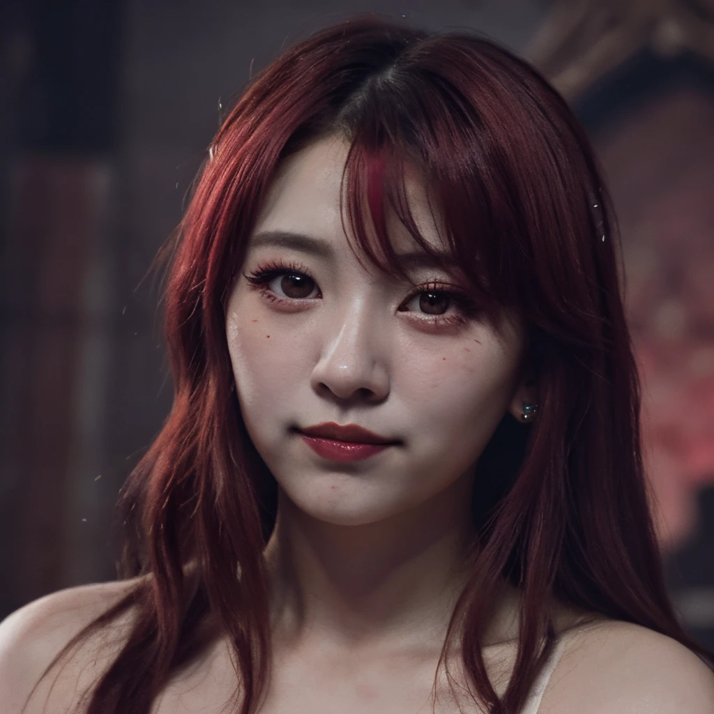 Momo de twice con colmillos de vampiro, cabello lacio pelirrojo, ojos grises claros, facing toward camera