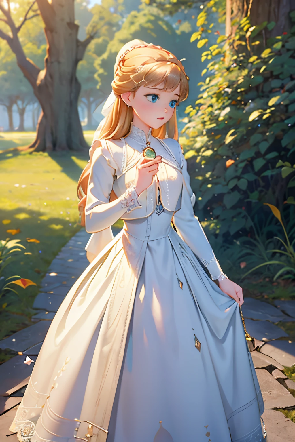 IImagine fifteen-year-old Virginia Otis, a blonde woman with blue eyes, standing near a majestic ancient oak tree. She wears a modest but elegant white summer Victorian dress, adorned with subtle lace accents. A pair of classic pearl earrings graze her delicate ears, while she holds a copy of Charles Dickens' novel “A Christmas Carol.” In her left hand, she holds a magnifying glass, a symbol of her unwavering dedication to seeking the truths behind ghostly events. Surrounded by the serenity of nature and the enigmas of history, this image of her portrays her unique mix of intellect and romanticism.