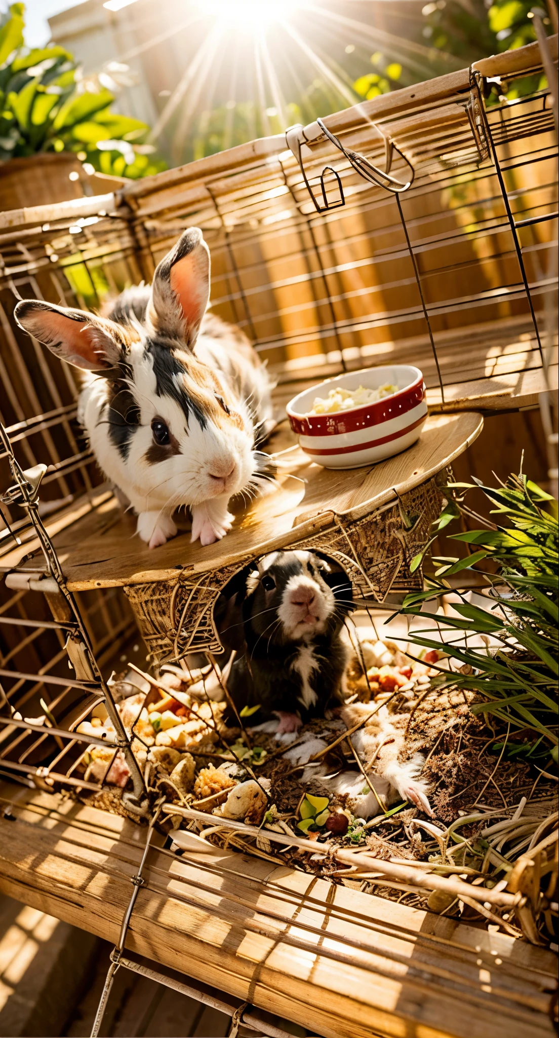 there is a rabbit sitting in a cage with a bowl of food, one guinea pig sitting under the cage, sunlight, realistic,