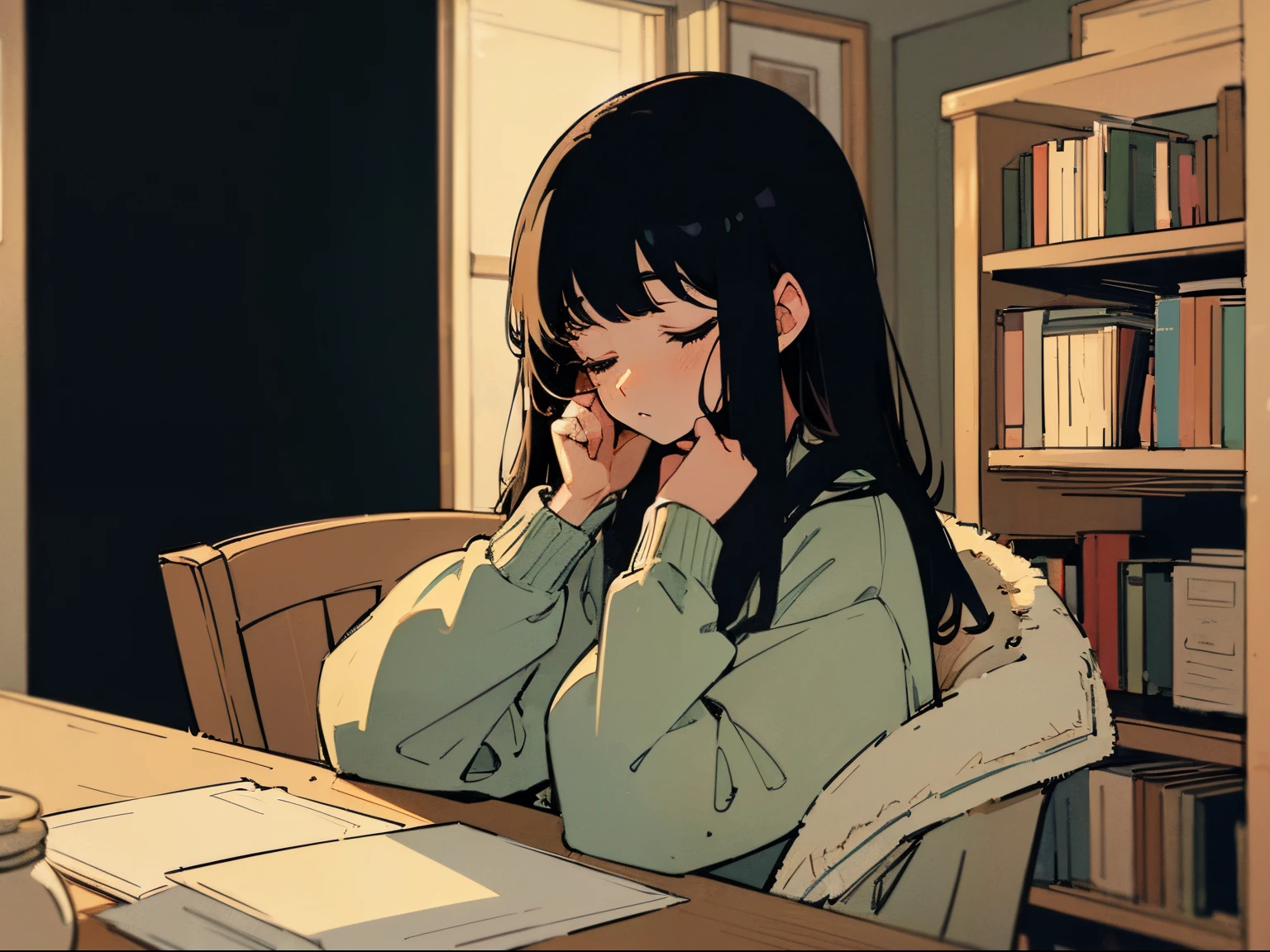 20 year old dark-haired woman, Clothes that look warm、Calm、Gentle light、black backgrounds、Coffee、head shot、Lo-Fi Illustration、a relaxing sight、Woman in sweater、looks sleepy、bookshops