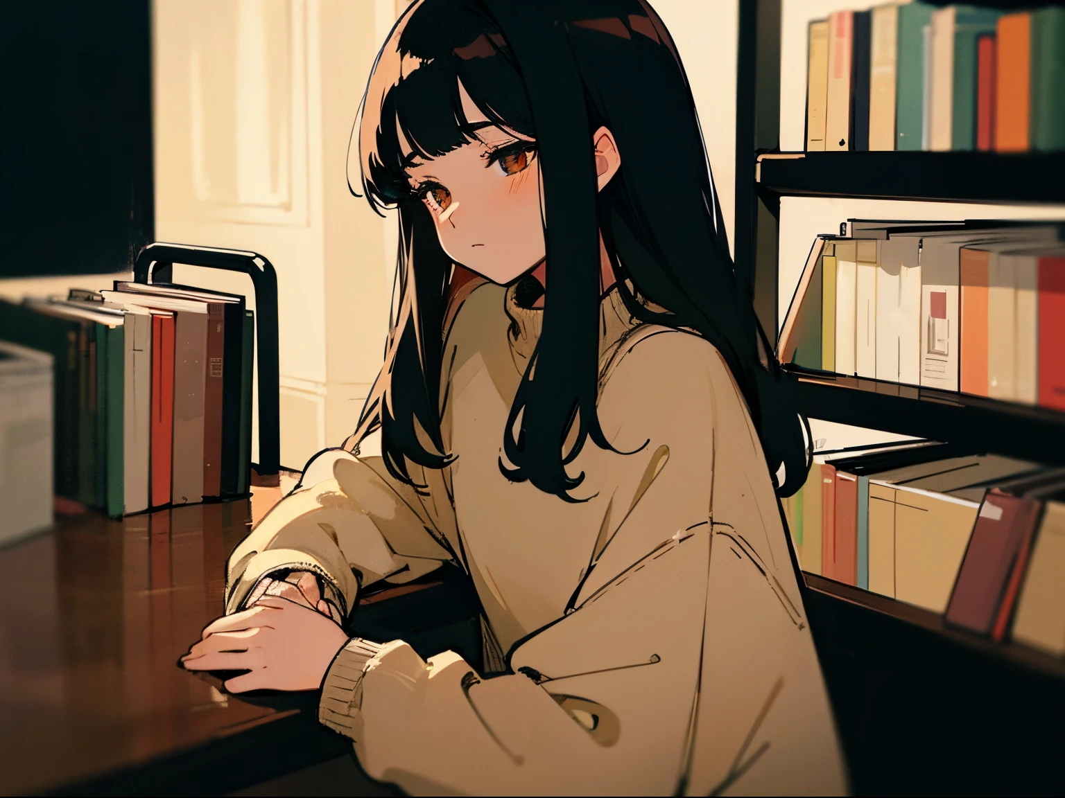 20 year old dark-haired woman, Clothes that look warm、Calm、Gentle light、black backgrounds、Coffee、head shot、Lo-Fi Illustration、a relaxing sight、Woman in sweater、looks sleepy、bookshops