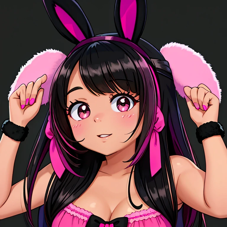 garota de pele negra escura, medium black hair with pink highlights,olhos da cor rosa,with furry pink bunny ears accessories.