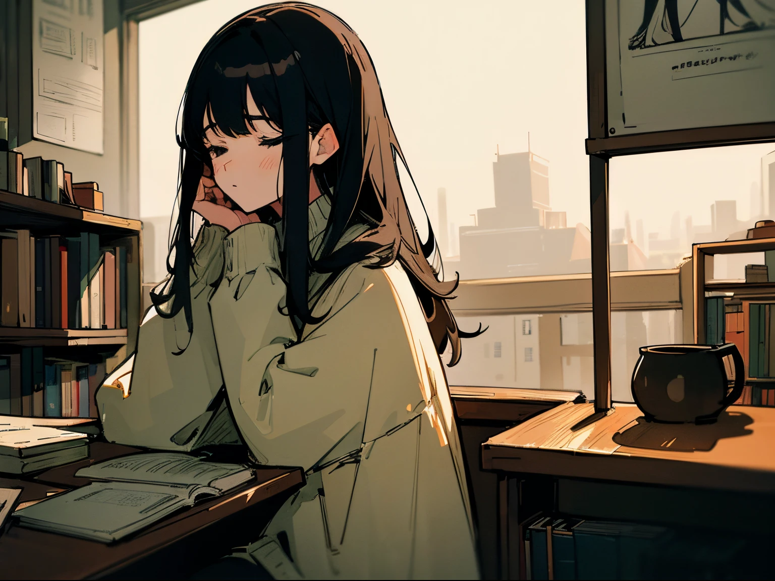 20 year old dark-haired woman, Clothes that look warm、Calm、Gentle light、black backgrounds、Coffee、head shot、Lo-Fi Illustration、a relaxing sight、Woman in sweater、looks sleepy、bookshops