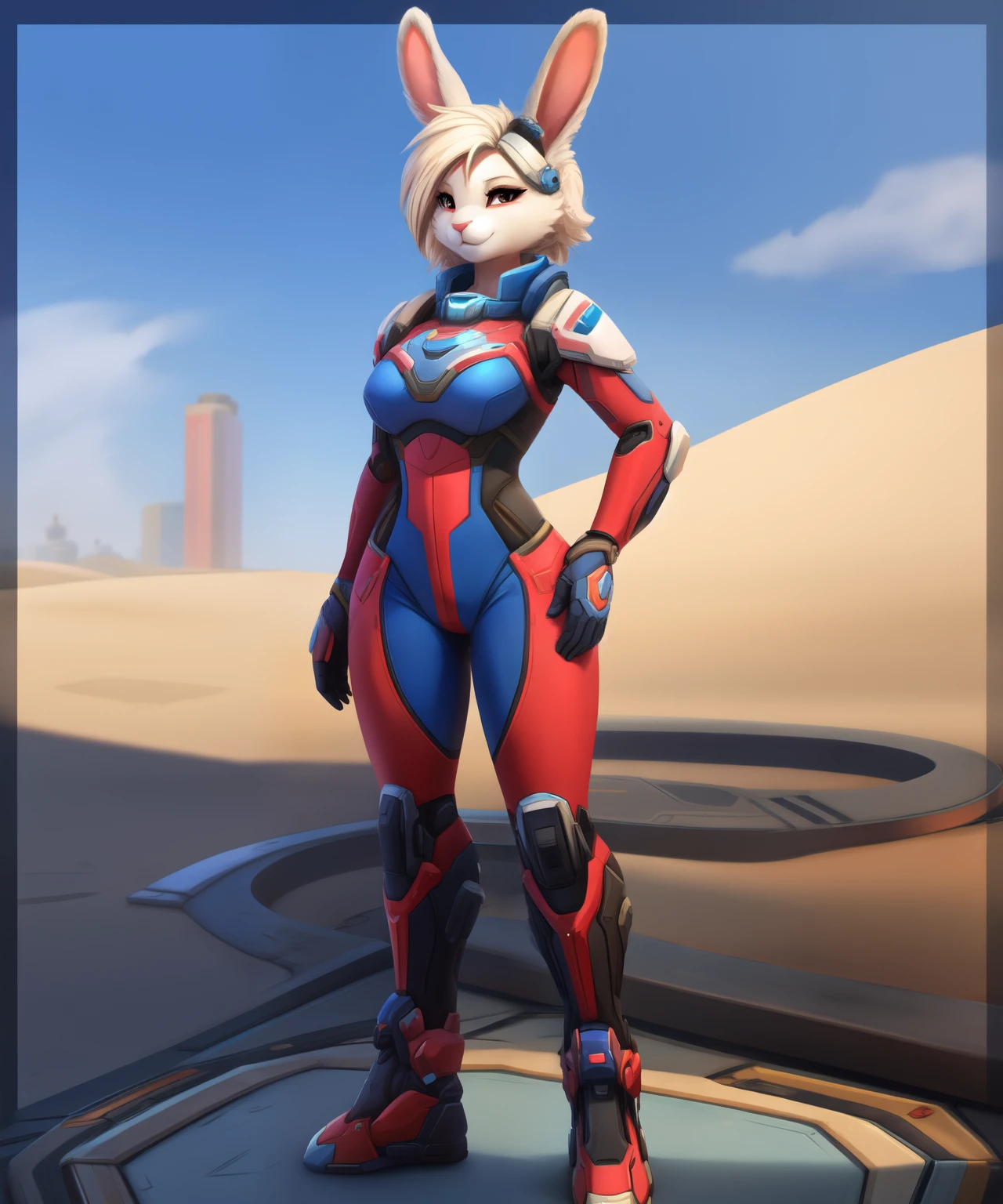 Blaice the female rabbit in Overwatch 2, red and blue supersuit, full body view