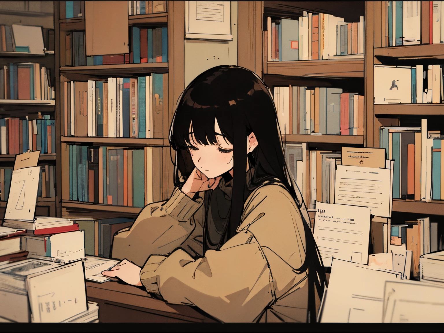 20 year old dark-haired woman, Clothes that look warm、Calm、Gentle light、black backgrounds、Coffee、head shot、Lo-Fi Illustration、a relaxing sight、Woman in sweater、looks sleepy、bookshops