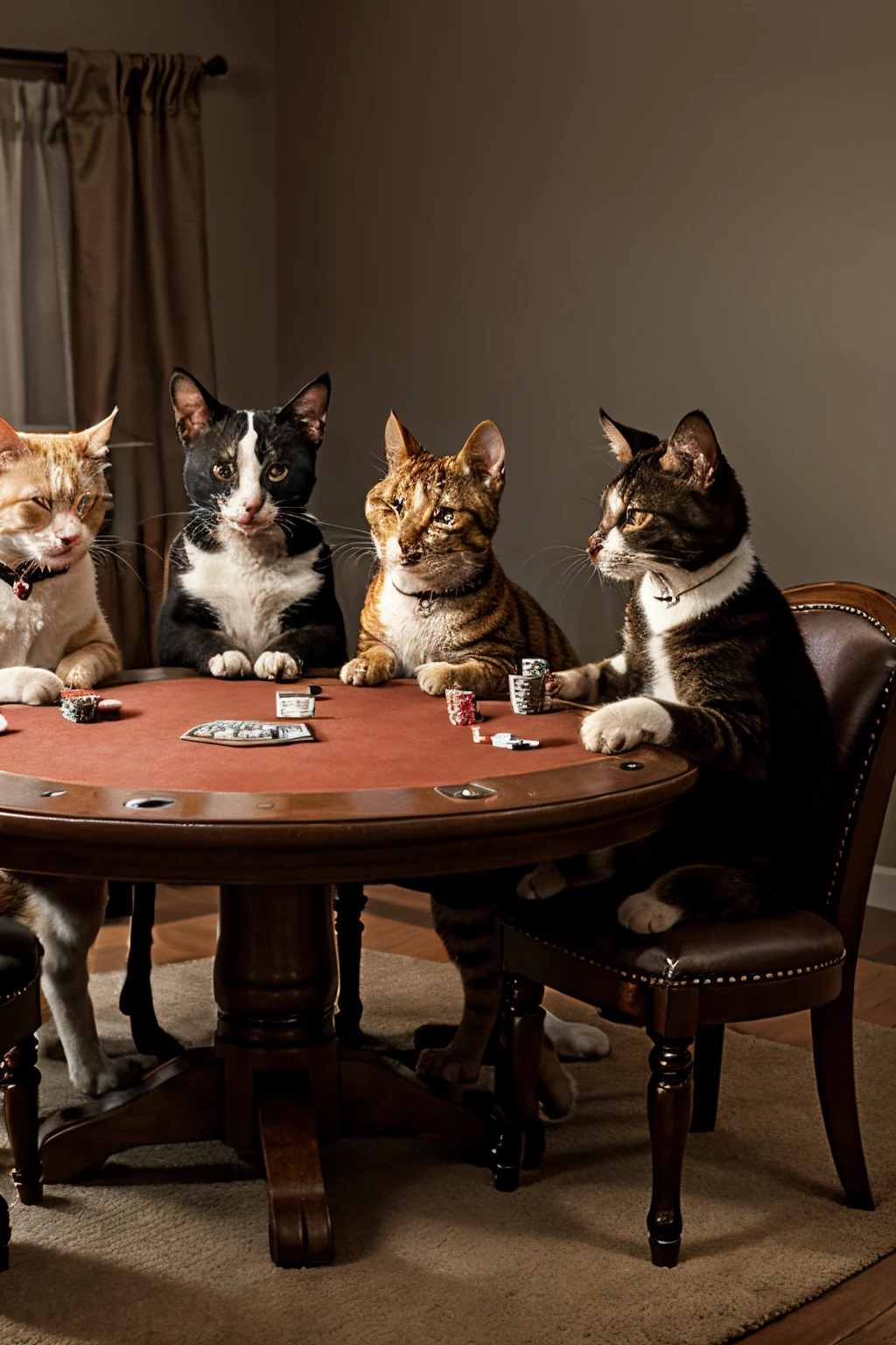 Cats sitting at table, playing poker, high res, ultrasharp, 8K, masterpiece, similar to Dogs Playing Poker, by Cassius Marcellus Coolidge