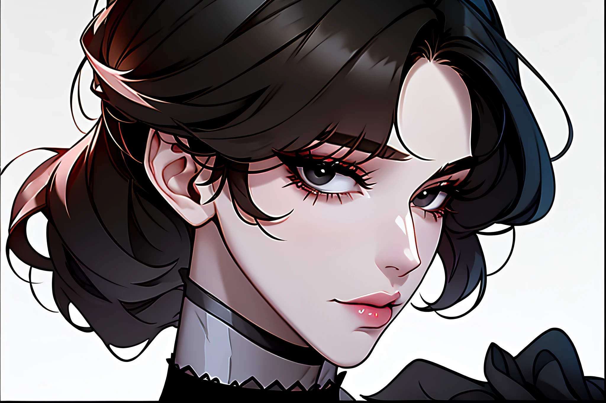 Shoujo style, Aesthetic background, Romance Manhwa, 1girl, Dark hair, 独奏, Bob hairstyle, villain, Aqua dress, gloves, long sleeves, Choker, Black Eyes, mascara, makeup, artful, looking a viewer, whitebackground, 鎖骨, puffy sleeves, Silver Accessories, upper-body, frills, Bangs, closed mouth, 詳細な目, (close up), (((Image Macro Details))), pale skin