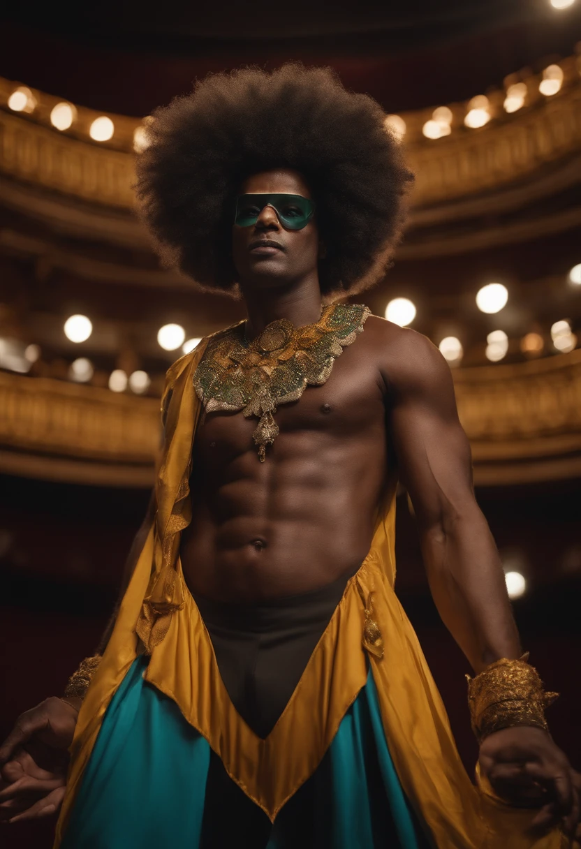 A photo of the character dressed in a vibrant and extravagant jester costume, standing on the grand theater stage with a dramatic pose, ready to entertain the audience.,original,He is a black man with a large Afro. He likes to wear gray sweatpants and no shirt. , male