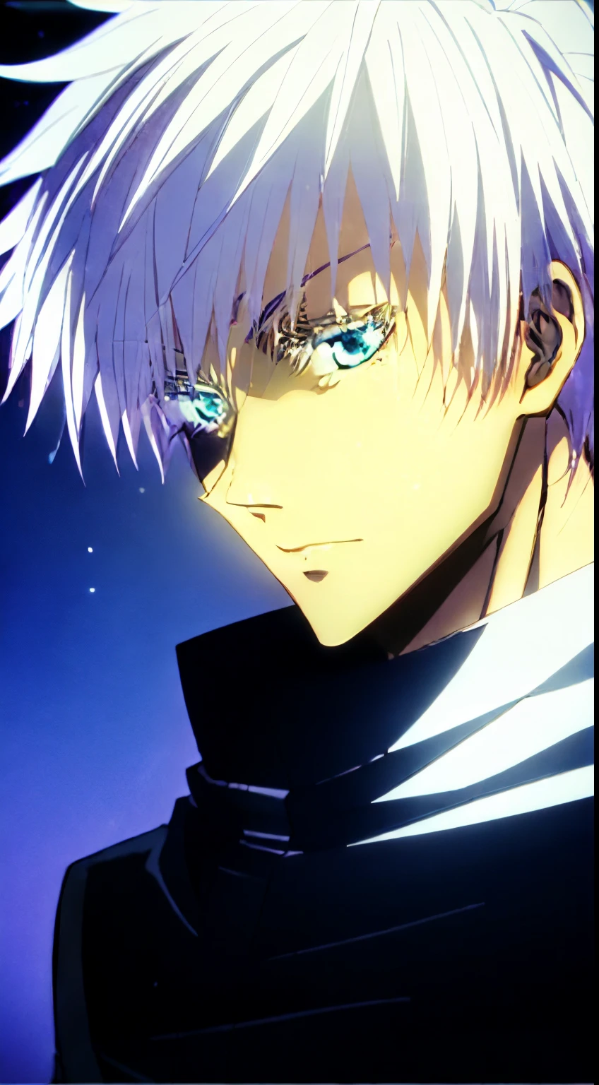 masterpiece, +++, top quality, soft light, male, man, masucline features but looks a little bit feminine, satoru gojo, short white hair, portrait, black jacket, popped collar, blue eyes, spiky hair, ultra high quality, gege akutami style