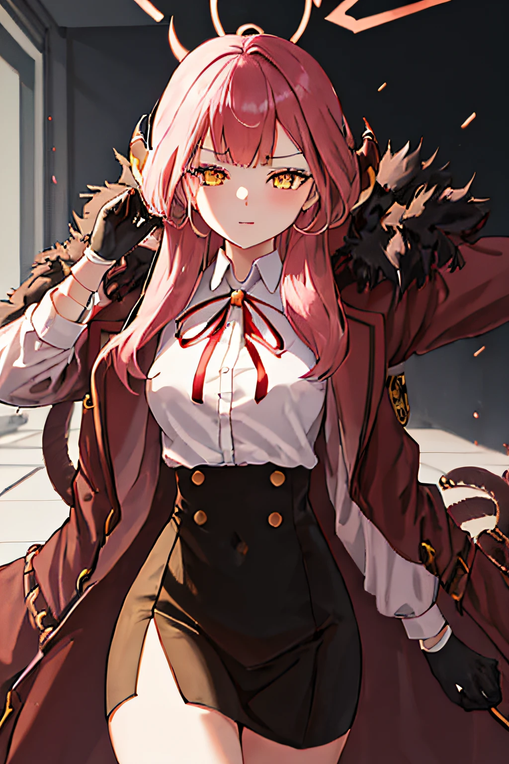 superfine illustration, Extremely detailed, A beautiful and cute girl, very detailed beautiful face and eyes, Big explosion in the background, A huge building is exploding in the background, Black smoke, she&#39;s wearing a sci-fi suit, depth of fields, jump up.stagnated, Tears, Horns, Bangs, long_hair, Pink_hair, Halo, bow ribbon, Neck_bow ribbon, breasts, Red_bow ribbon, yellow_Eyes., Solo, {understand_blue archive:1.15}, 1girl in, coat, Collared_Shirt, furr_trim, Shirt, It features a simple_Background, white_Shirt, gloves, long_sleeves, white_gloves, blunt_Bangs, Red_coat, Motion Blur, Best Quality, masutepiece, hight resolution