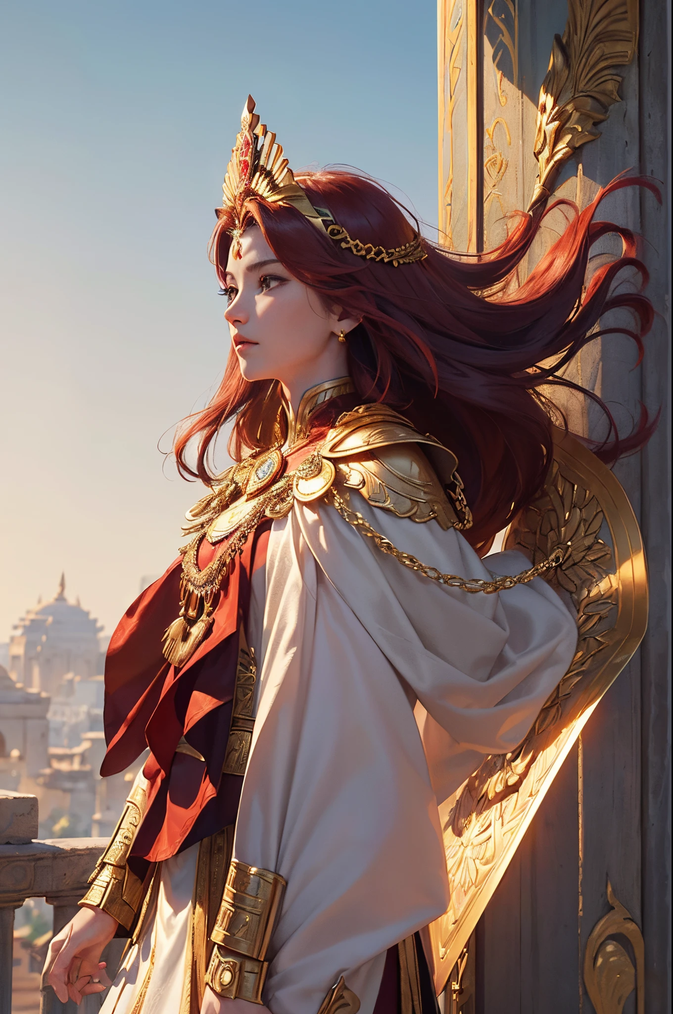 ((masterpiece)))、(((top-quality)))、((ultra-detailliert))、(A hyper-realistic)、(highly detailed CGillustration)、Official art、Lion motif、Gold and red tones、Fantasia、Ancient mythology、Ancient Mesopotamia、eventide、Mystical、solemnity、An majestic、Best Quality, master piece、eventide、Sky garden、Ishtar, Goddess of War、battlefield commander、guardian of babylon、Increase your fighting spirit、Great Queen and Invincible General、Awe-inspiring Hall々、Brave、glory of babylon、Honor of Babylon、Veteran Hero、Slender eyes、matchless beauty、Rin々Right、Guardians of Lions、refinement、noble、Proud、Wearing noble jewelry、Equip your weapons、The appearance is luxurious and golden armor、Cloak wrapped in the wind、Tall and lean、fiery red long hair、Perfect Angle、perfect-composition、low angles