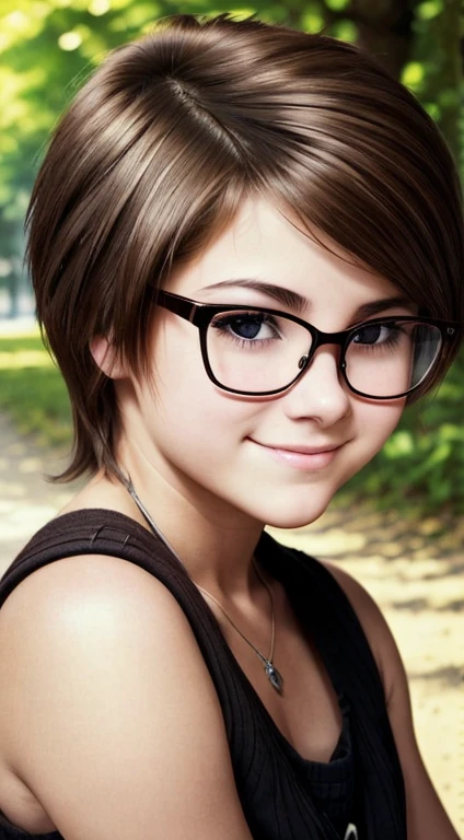 A realistic photo, Film grain, photo paper texture, tmasterpiece, Soviet erotica; Cute plump Russian brown eyed girl 18 years old, unscrupulous, Shameless, no complexes, punk, Lesbian, beautiful detailed round face, Large shiny realistic dark brown eyes, eyeglasses(There are lenses in the glasses, Realistic glare of light on the glass), small snub-nose, sweet cheerful smile, Parted sensual plump lips, plump cheeks, Round chin, suntanned skin, slightly wavy brown tousled hair of medium length (Rebellious 80s rocker hairstyle), Very small stature, teen with realistic very small breasts, beautiful soft round plump body, chubby legs and arms, hairy pubic, completely naked, completely naked, completely naked;, only massive rocker boots and fingerless leather gloves.....; on the path in the park, (full - body, including legs), leisurely walk along the alley of a public park; Realistic texture of human skin (pores, Mimic folds, wrinkles), Monochrome image