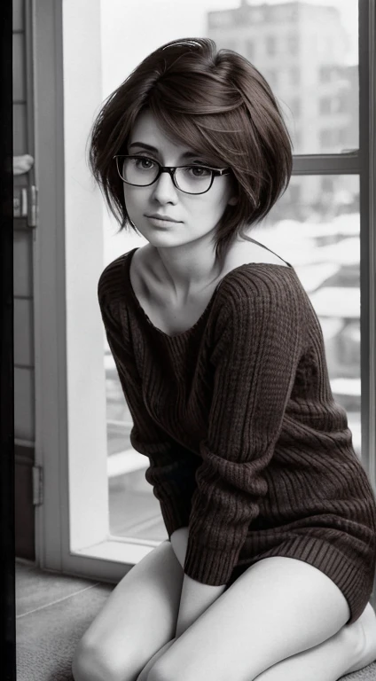 Realistic monochrome photography in 80s style......, tmasterpiece, Soviet photography, Film grain, photo paper texture; Sweet beautiful Russian brown eyed (middle-aged) Adult woman 38 years old..., beautiful detailed round face, Large shiny realistic dark brown eyes, glasses with lenses, tired look at the viewer, Cute little wide nose, calm expression on his face, Parted sensual plump lips, plump cheeks, Round chin, velvety skin, aesthetic completeness, Average length, slightly wavy, faded brown hair with gray streaks (80s punk hairstyle), Very small stature, Realistic !!!extremely small breasts!!!, aesthetic completeness, Beautiful, slightly chubby body, old stretched sweater dress made of soft oversized wool, long striped wool socks above the knees, fluffy slippers, (full - body, including legs), Free pose: I stand thoughtfully by the window with a porcelain cup of coffee in my left hand....; Realistic texture of human skin (pores, Mimic folds, wrinkles), Monochrome image